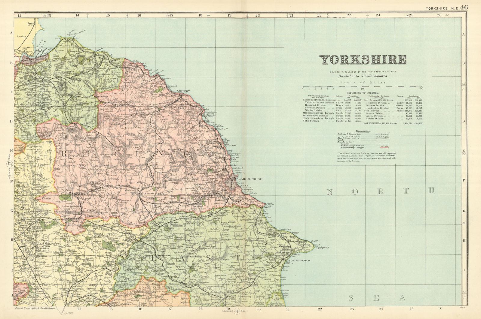 YORKSHIRE (North East) Scarborough Whitby antique county map by GW BACON 1898