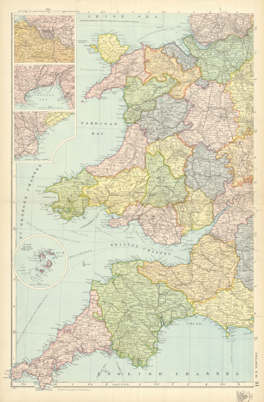 ENGLAND SOUTH WEST/WALES. Bristol Swansea Cardiff environs.Railways.BACON 1898 map