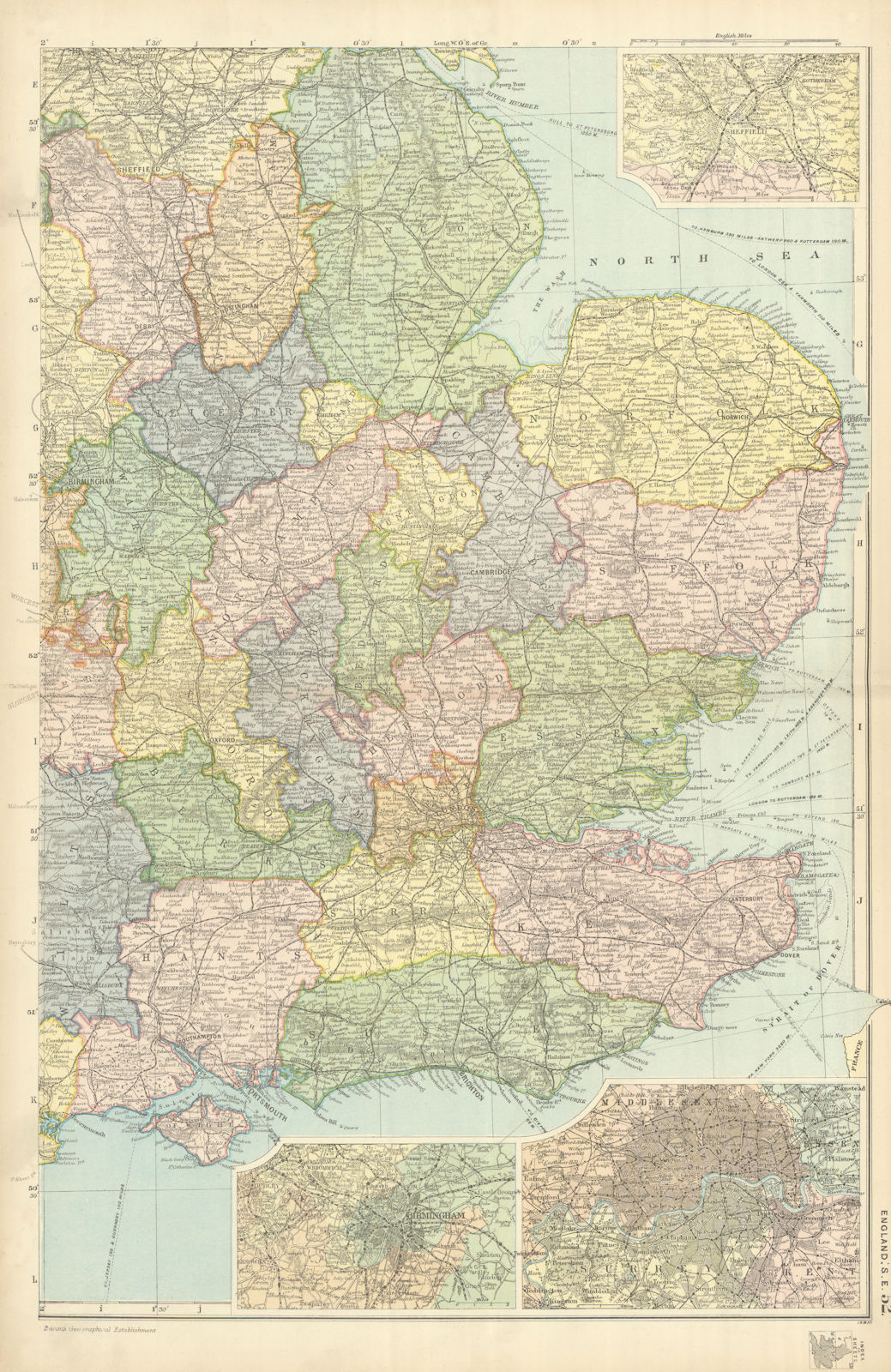 ENGLAND SOUTH EAST MIDLANDS. Sheffield Birmingham London.Railways.BACON 1898 map