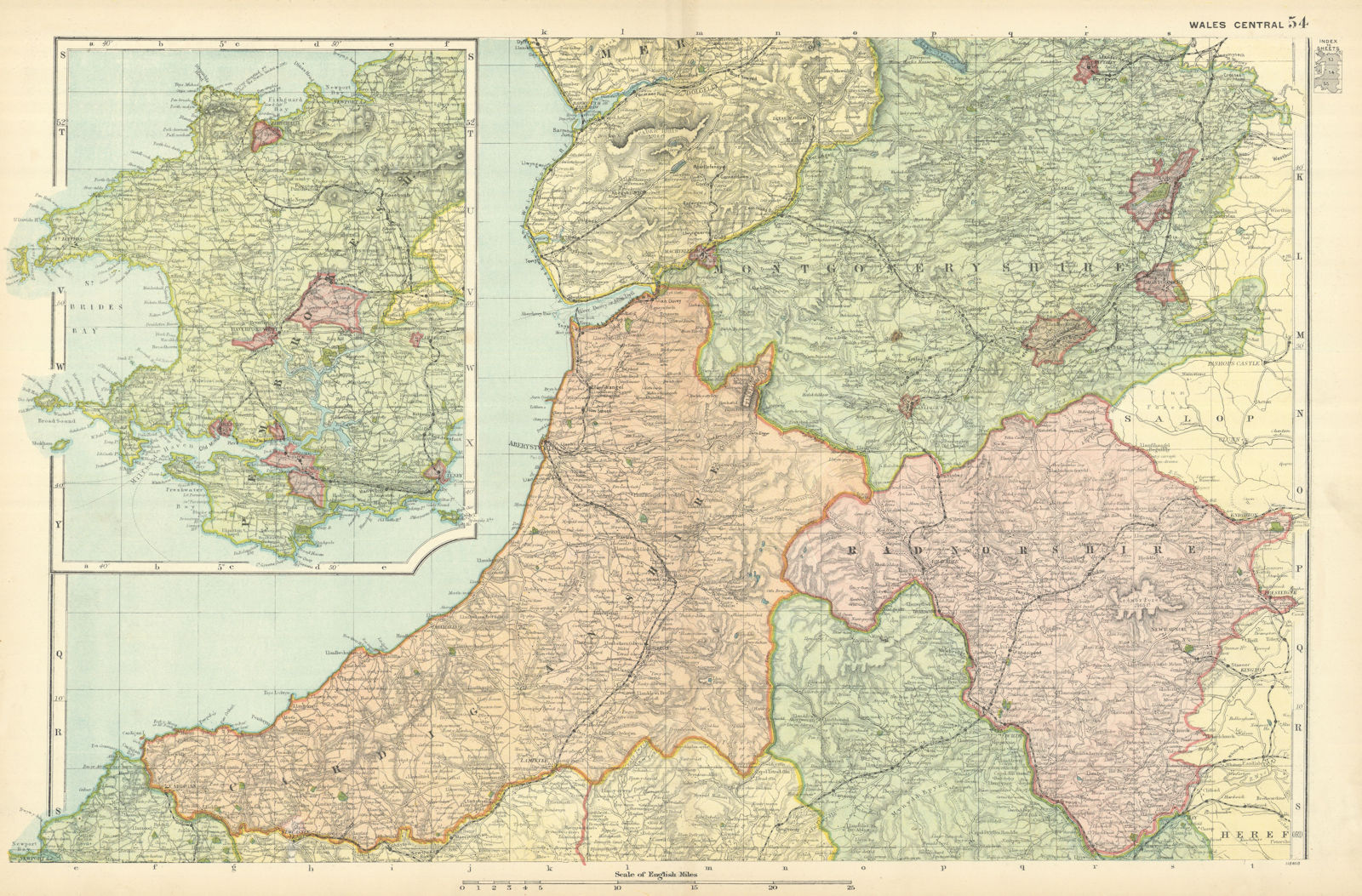 CENTRAL WALES & PEMBROKESHIRE. Showing Parliamentary divisions. BACON 1898 map