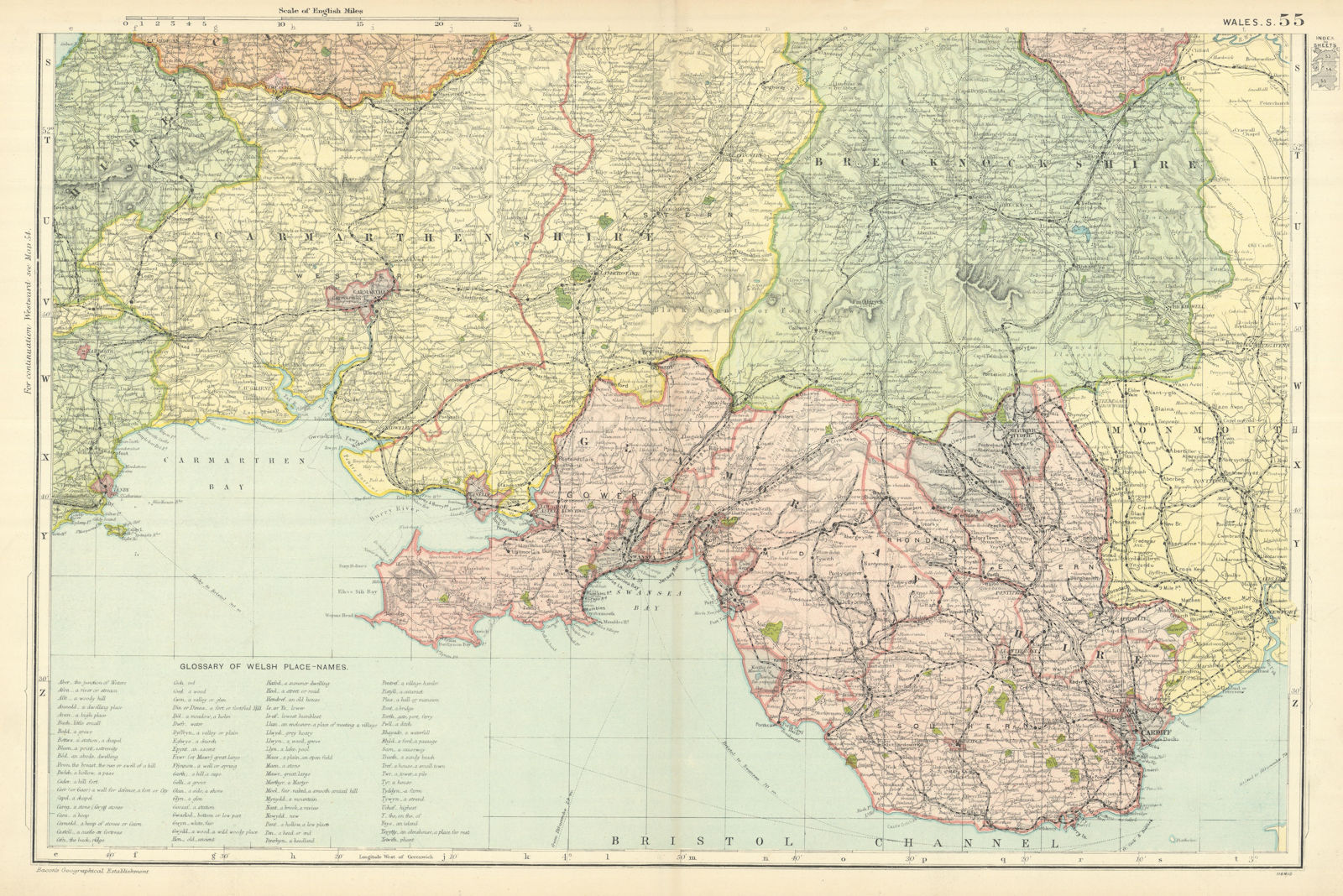 Associate Product SOUTH WALES. Parliamentary divisions. Welsh place name Glossary. BACON 1898 map