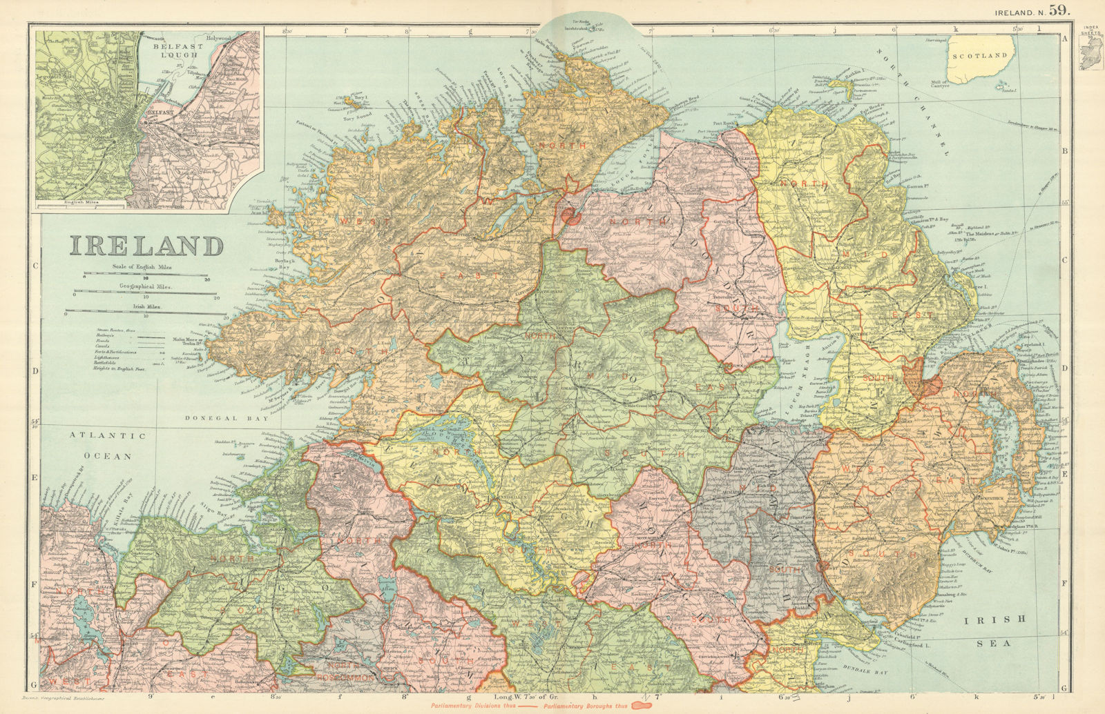 IRELAND NORTH. ULSTER. Belfast environs. Parliamentary. Railways. BACON 1898 map