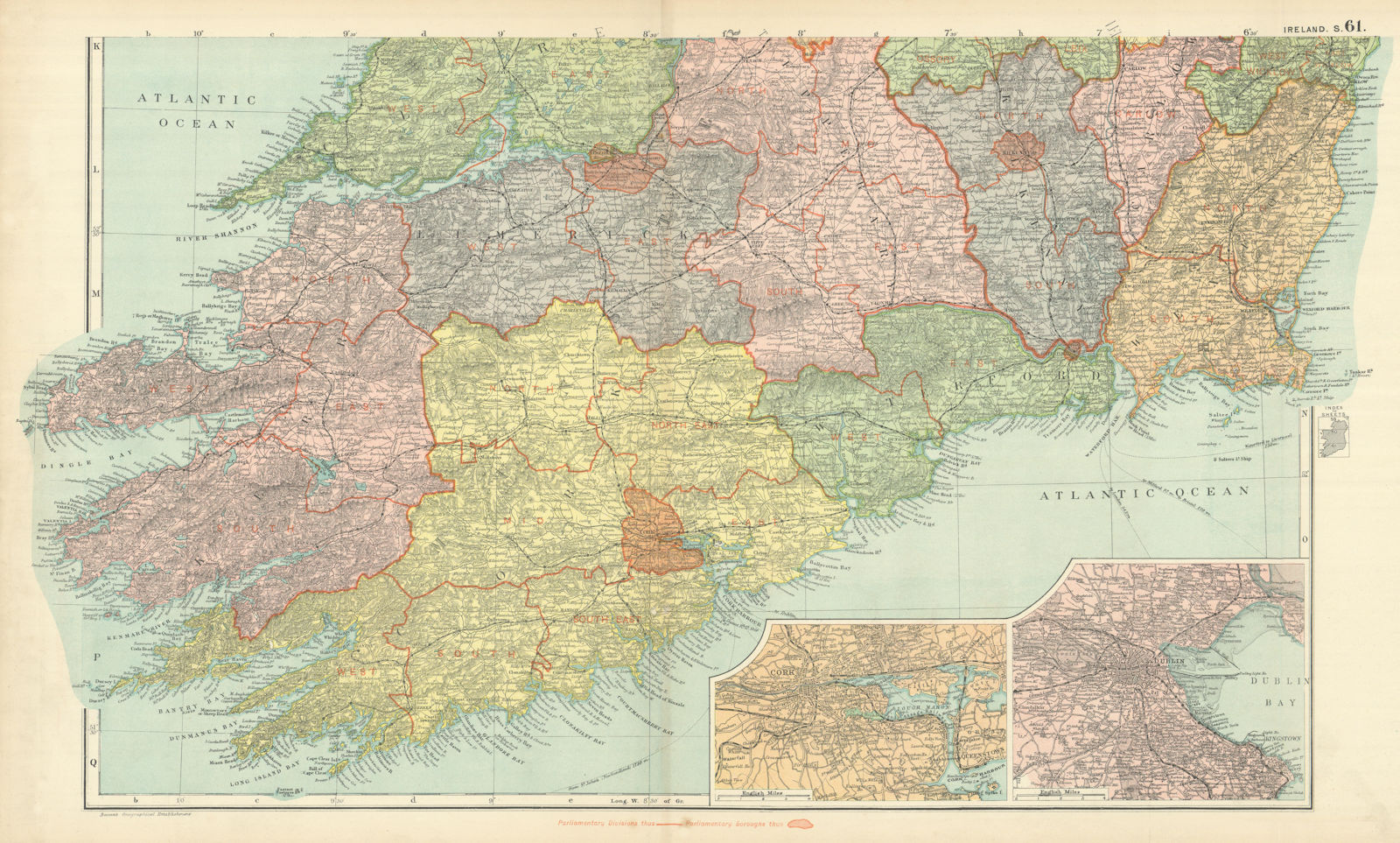 IRELAND SOUTH. Cork Dublin environs. Parliamentary. Railways. BACON 1898 map