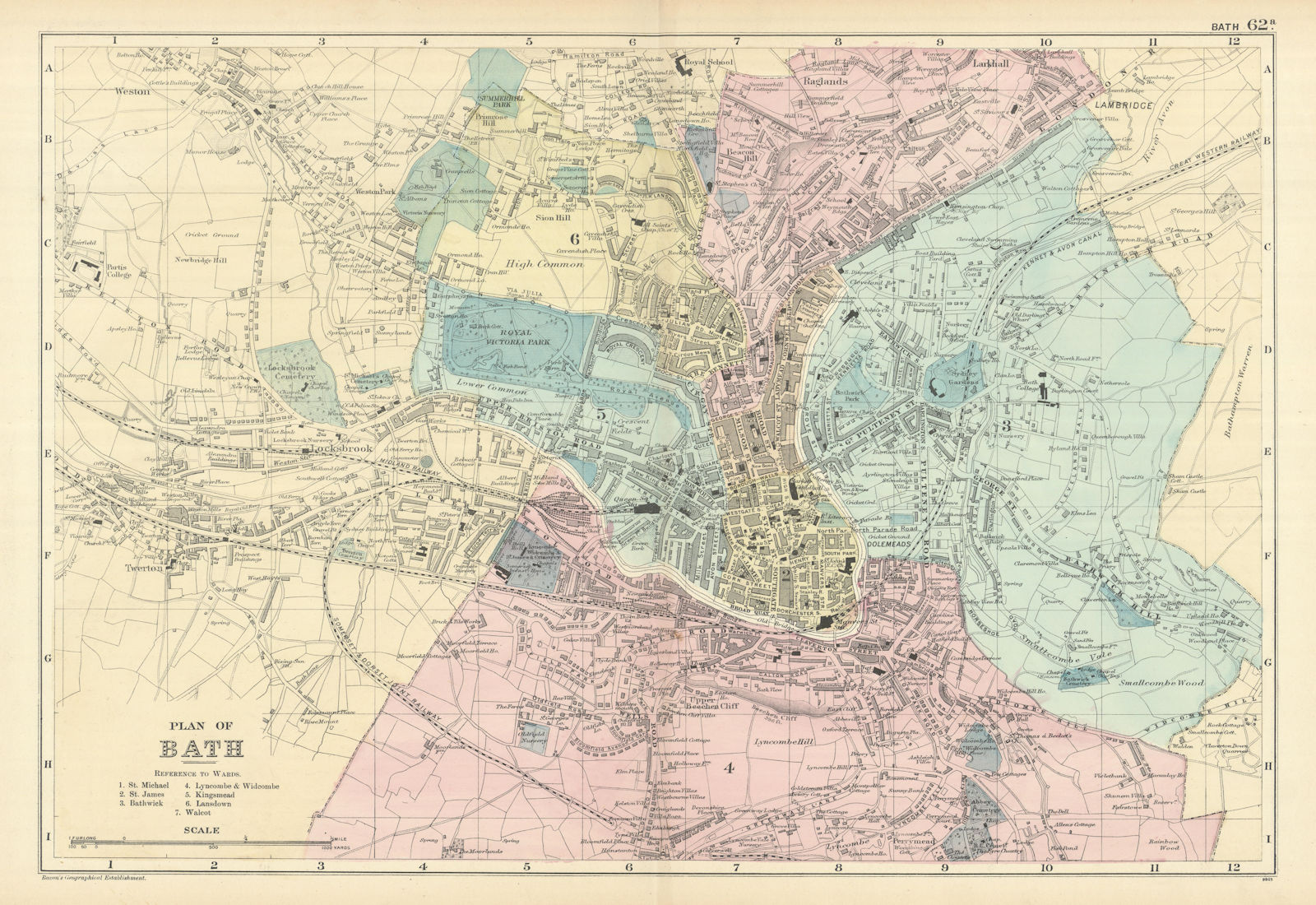 BATH town city plan Bathwick Kingsmead Lansdown Lyncombe Widcombe BACON 1898 map
