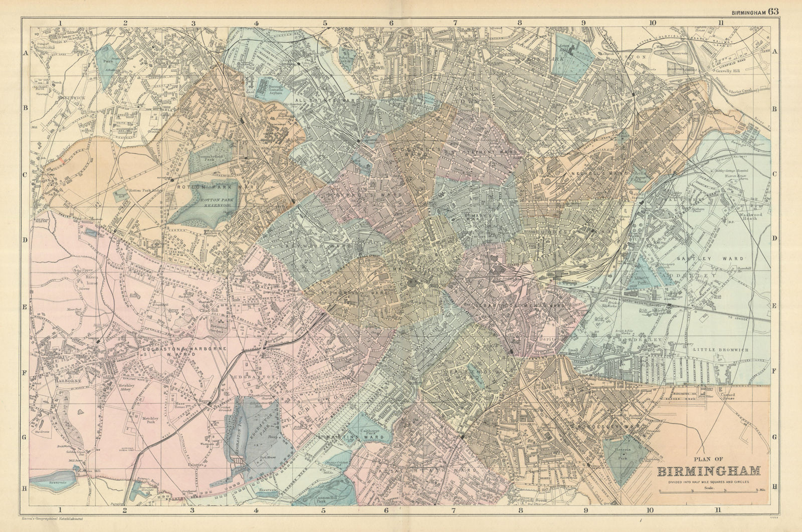 BIRMINGHAM Aston Edgbaston Bordesley town city plan GW BACON 1898 old map