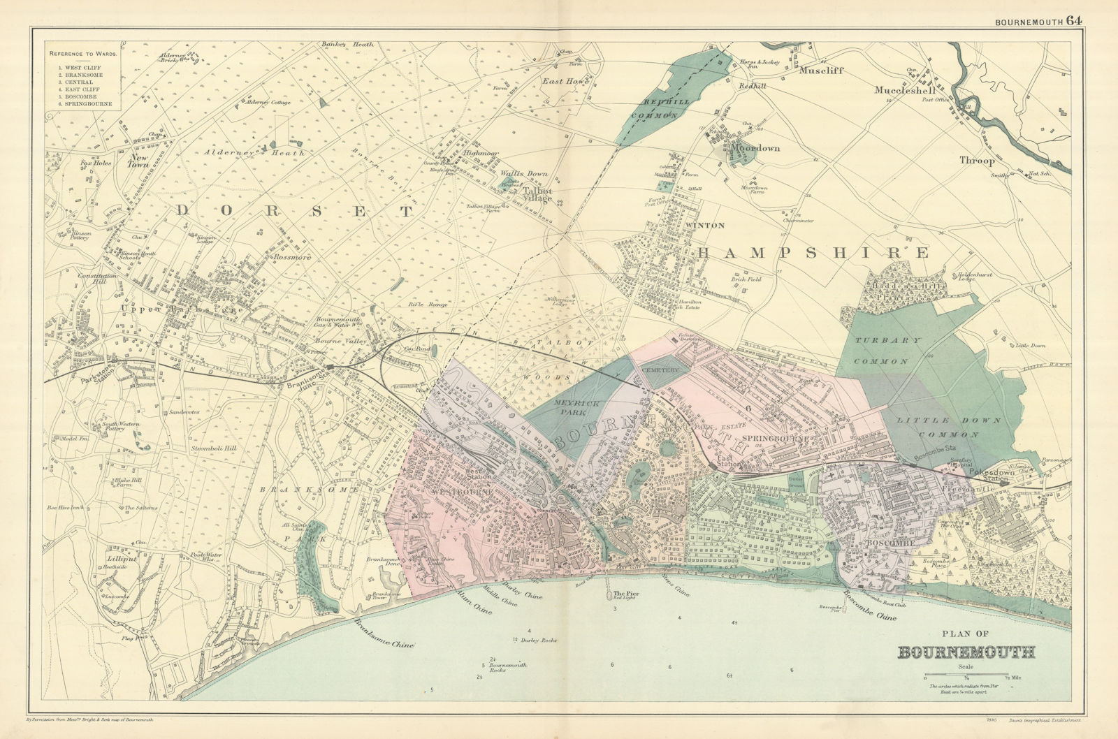 BOURNEMOUTH town city plan. Westbourne Springbourne Boscombe BACON 1898 map