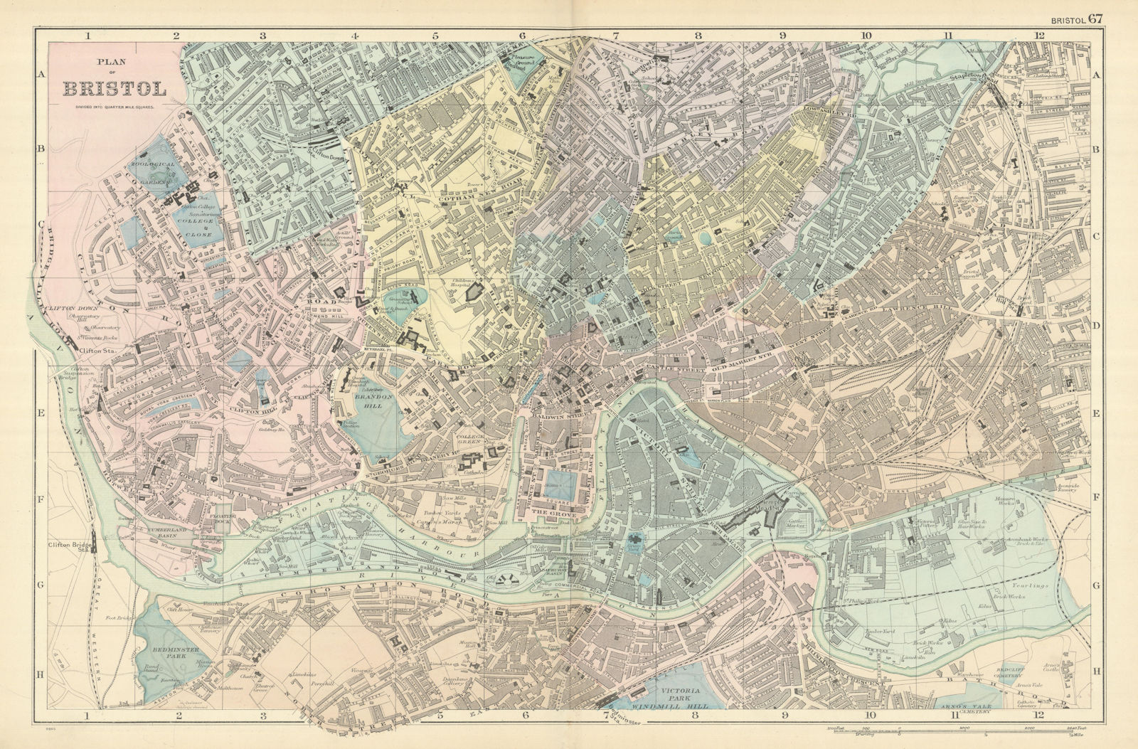 BRISTOL Clifton Cotham Easton Ashton Gate town city plan GW BACON 1898 old map