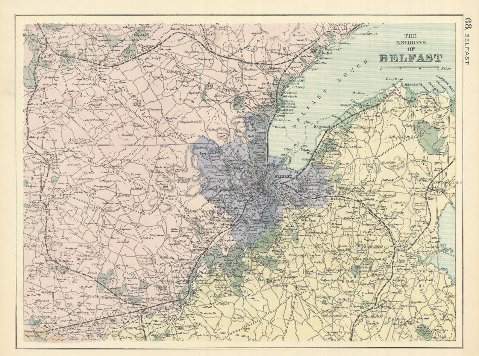 BELFAST & ENVIRONS Lisburn Antrim Carrickfergus antique map by GW BACON 1898
