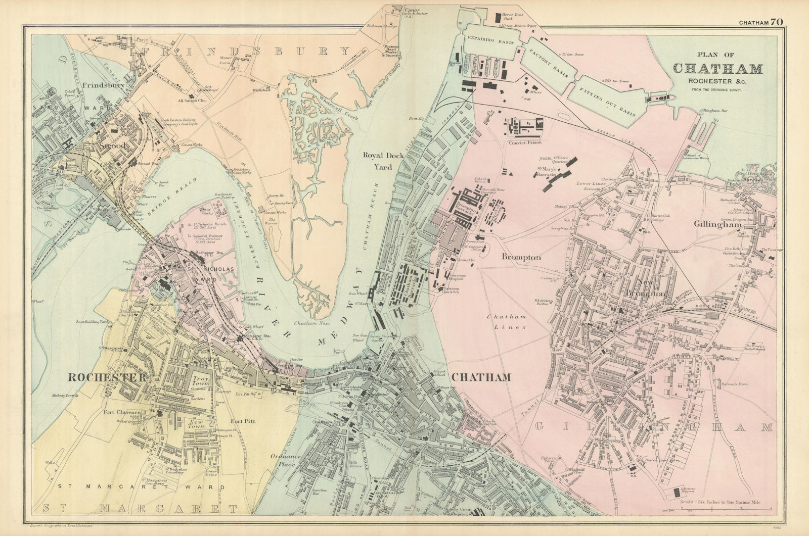 Associate Product CHATHAM Rochester Strood Frinsbury Brompton town city plan GW BACON 1898 map