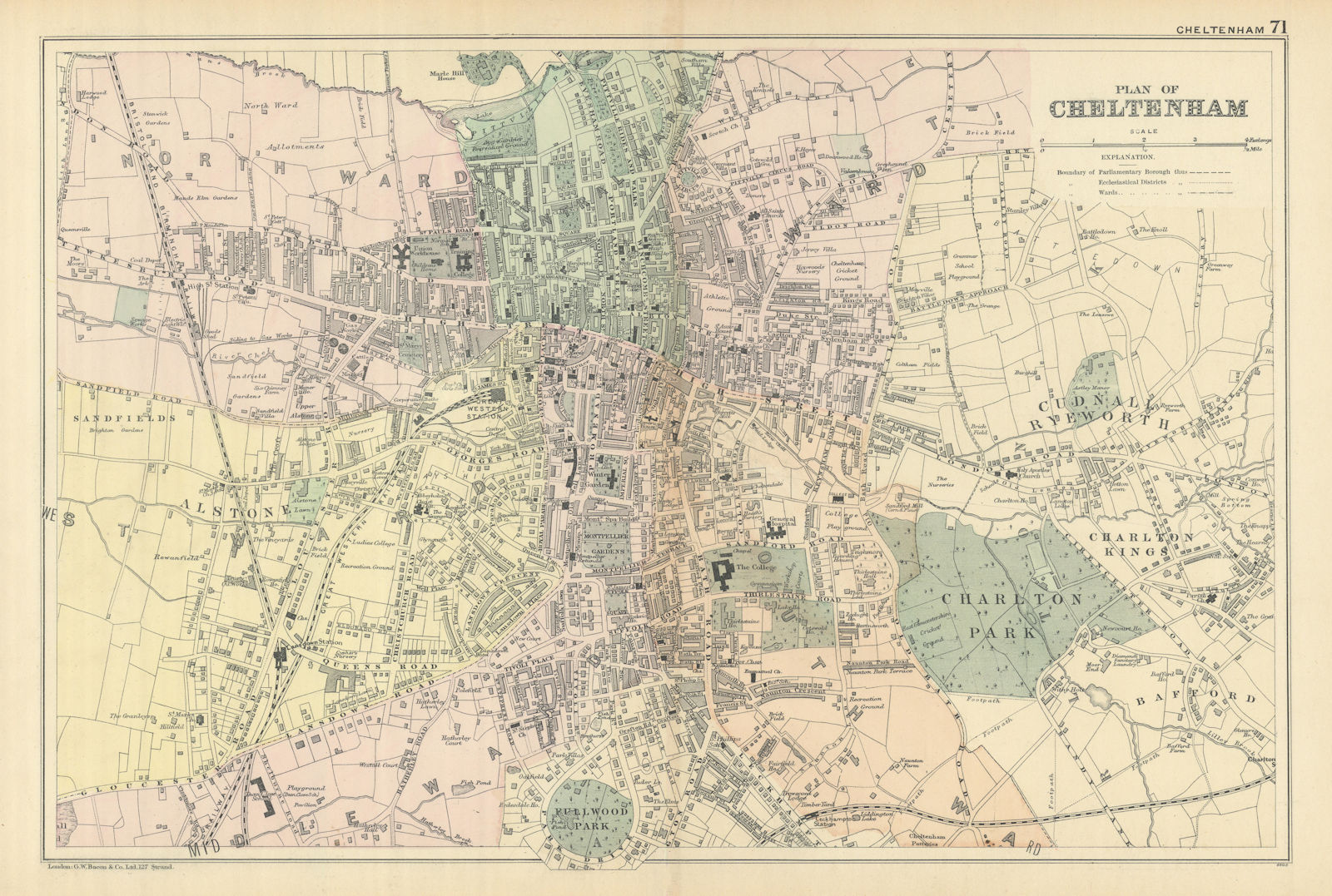 CHELTENHAM Montpellier St. Pauls antique town city plan GW BACON 1898 old map