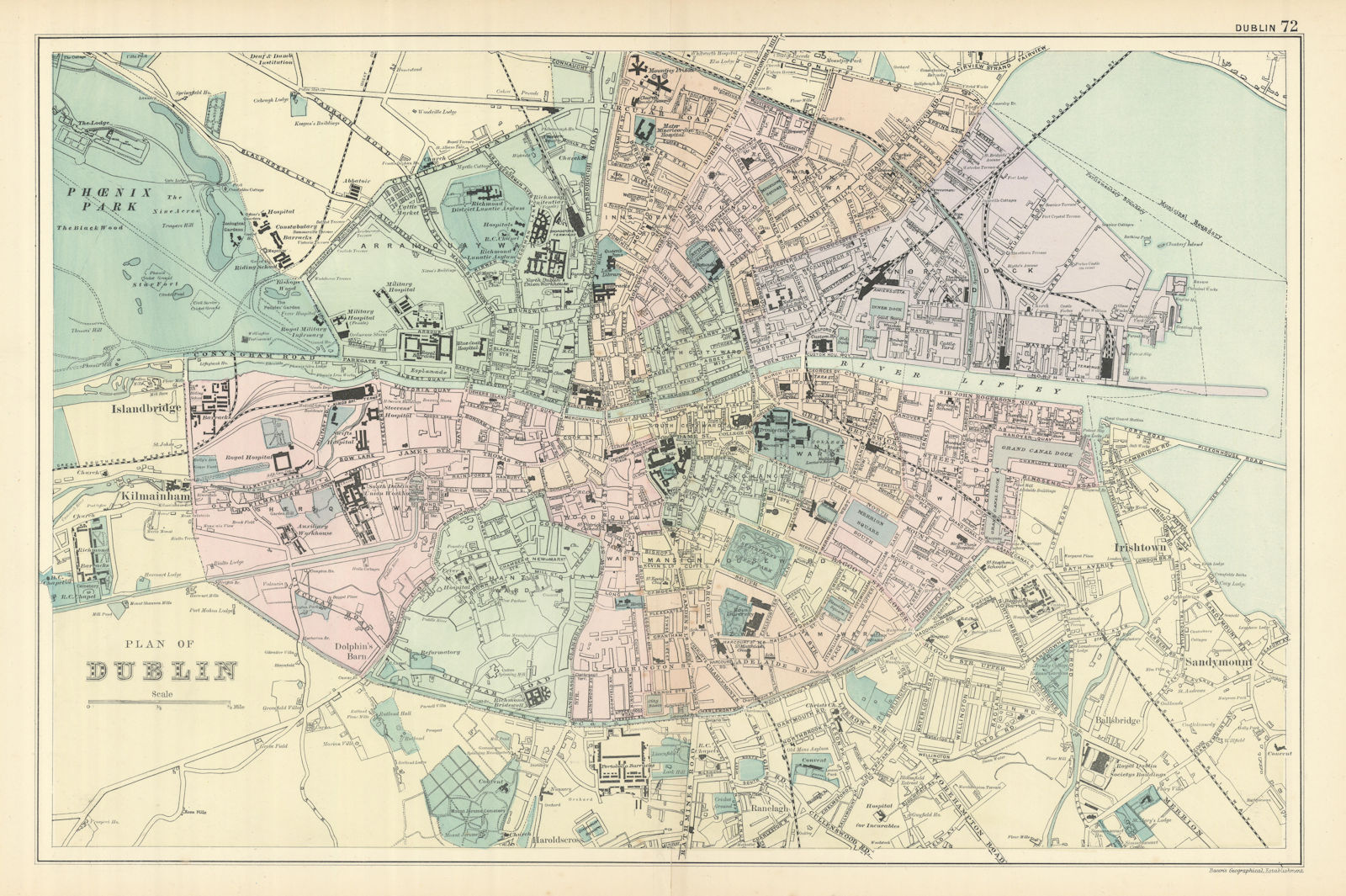 DUBLIN antique town city plan by GW BACON Ireland 1898 old map chart