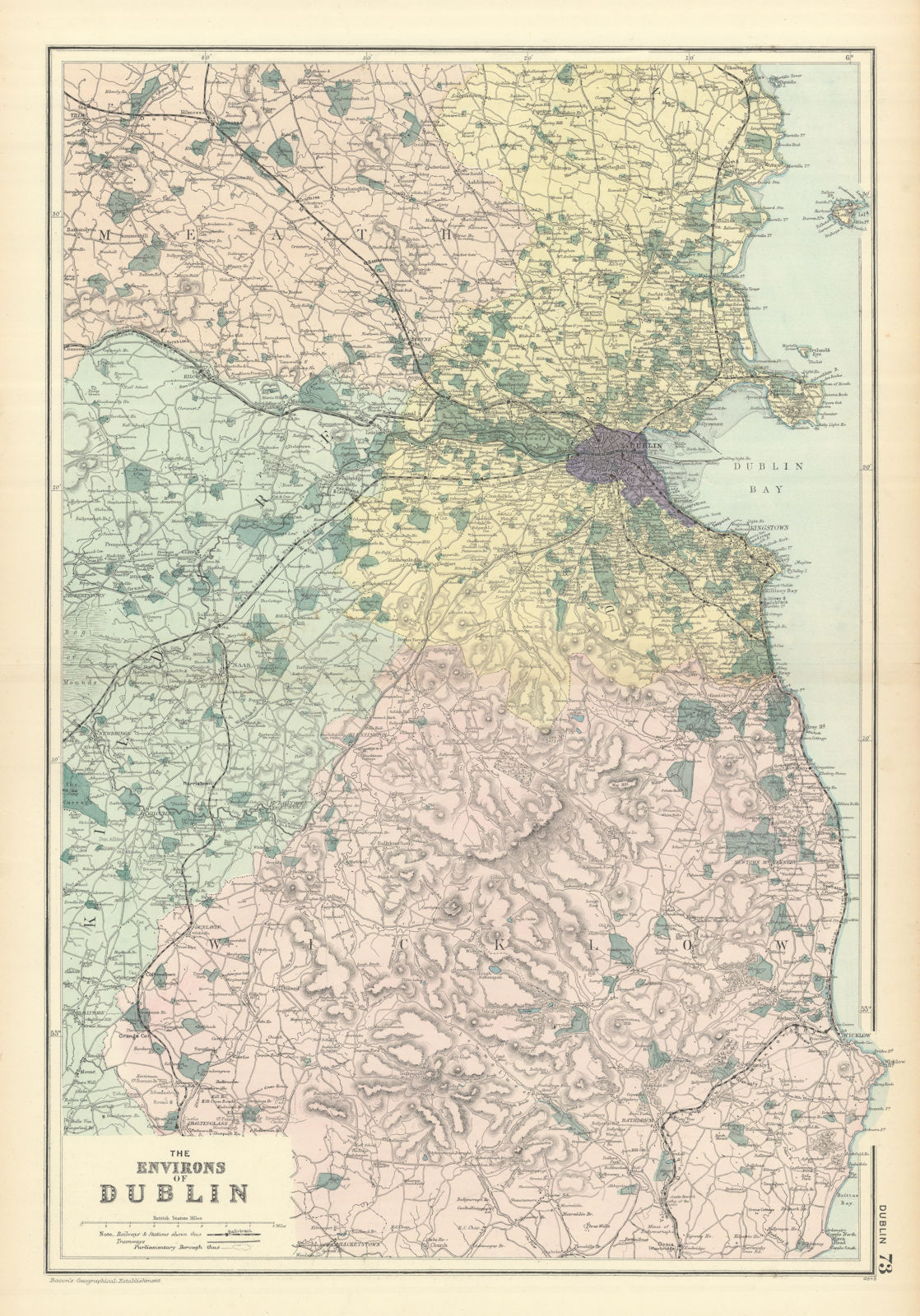 DUBLIN & ENVIRONS Meath Kildare Wicklow IRELAND antique map by GW BACON 1898