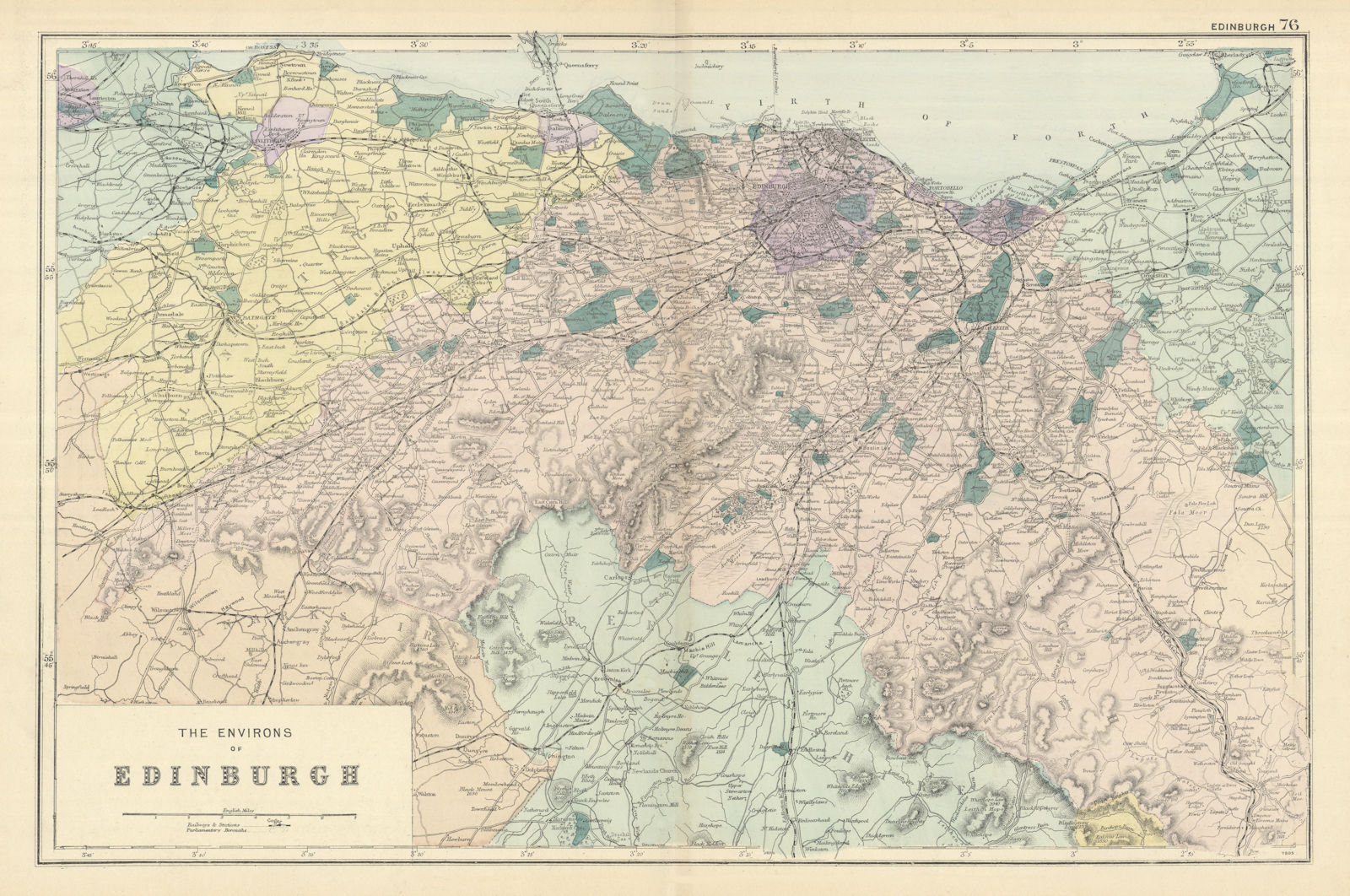 EDINBURGH & ENVIRONS West Lothian Midlothian antique map by GW BACON 1898