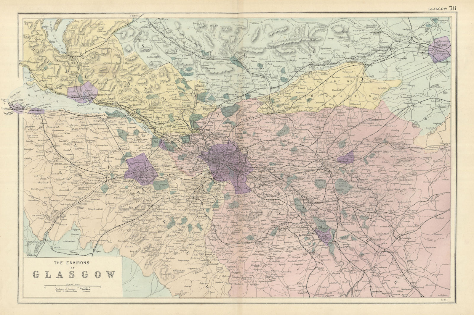 GLASGOW & ENVIRONS Lanark Renfrew Dumbarton Stirling antique map. GW BACON 1898