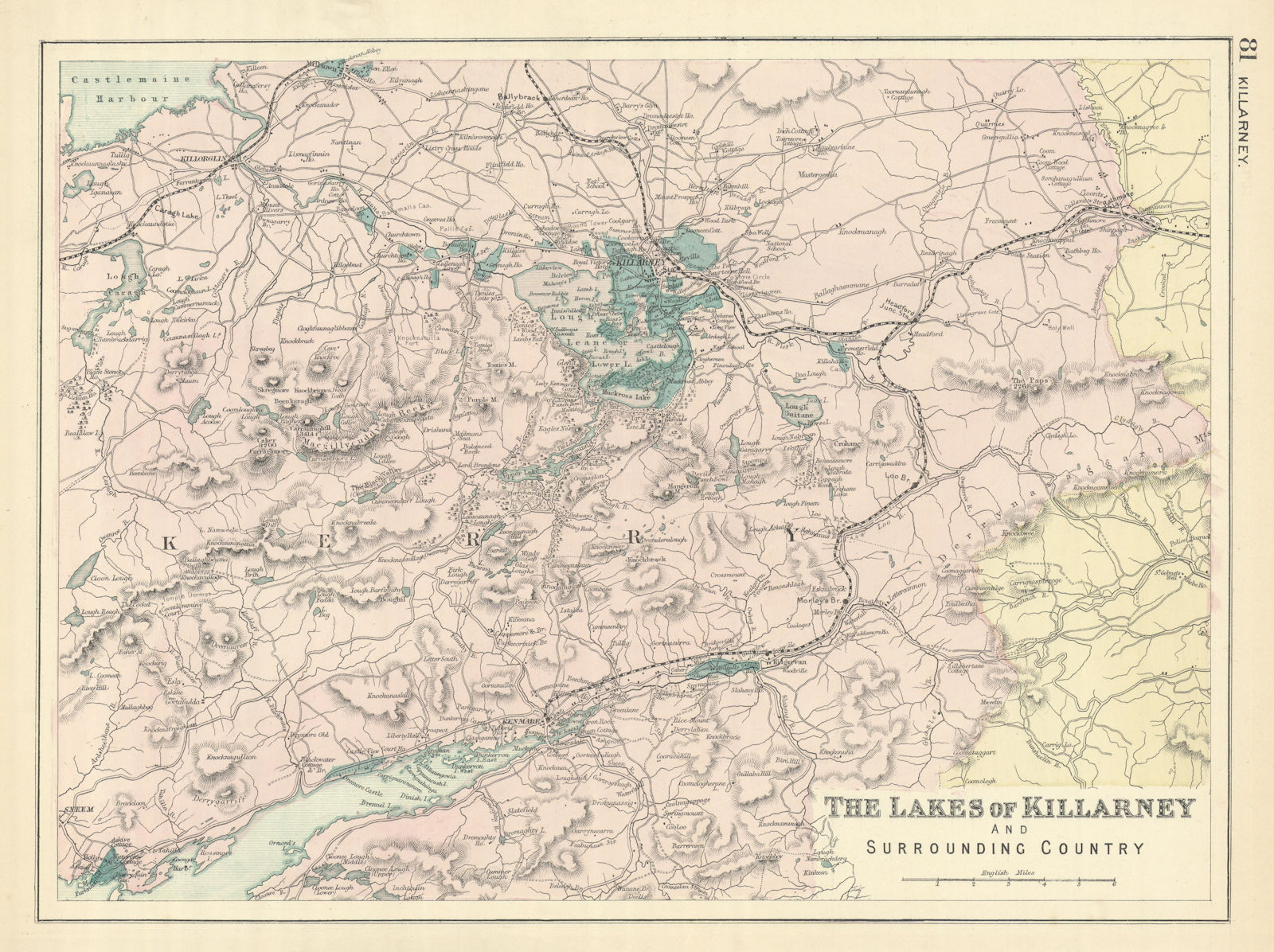 KILLARNEY LAKES Kerry Kenmare Ireland antique map by GW BACON 1898 old