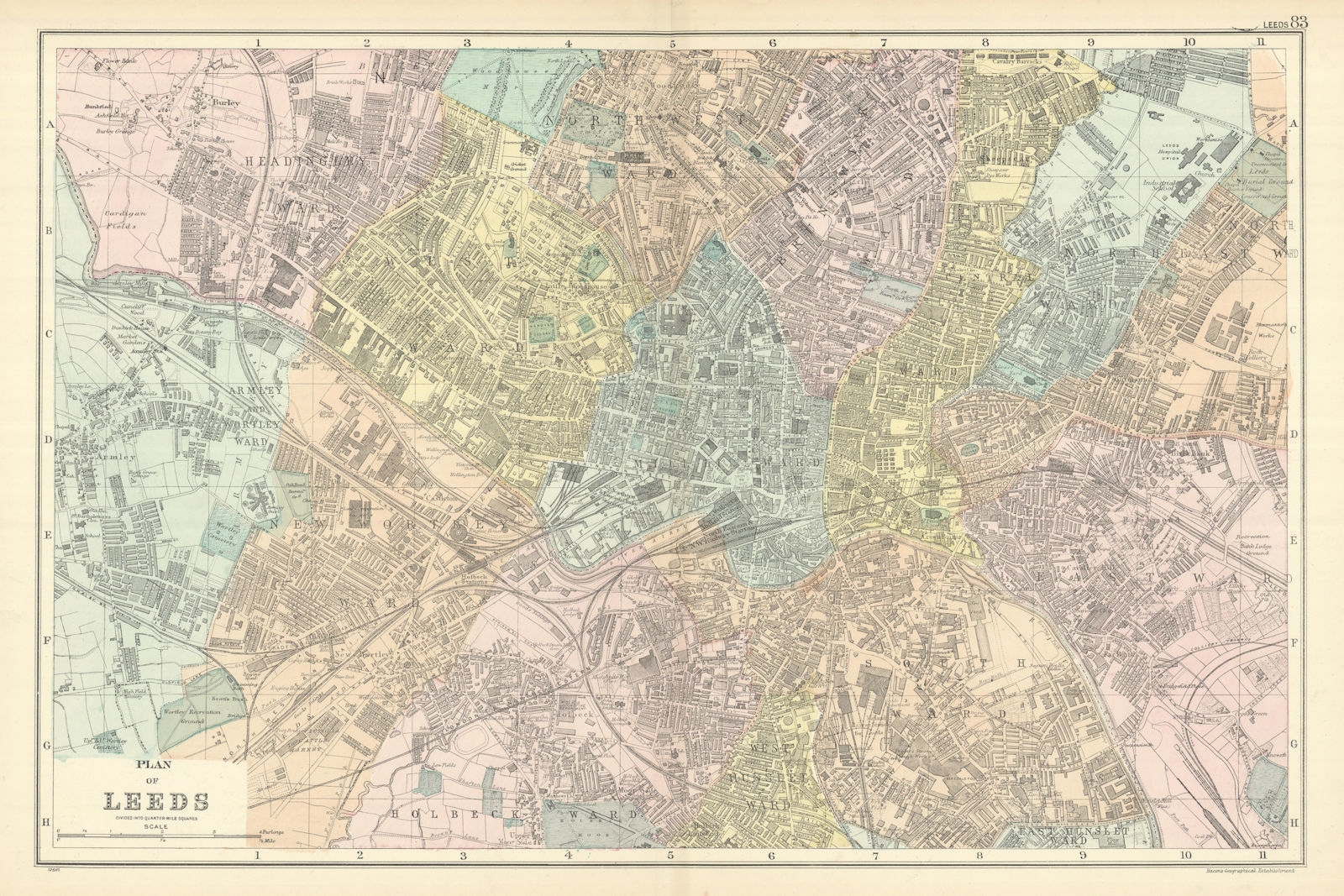 LEEDS Holbeck Wortley Headingley Brunswick Hunslet town city plan BACON 1898 map
