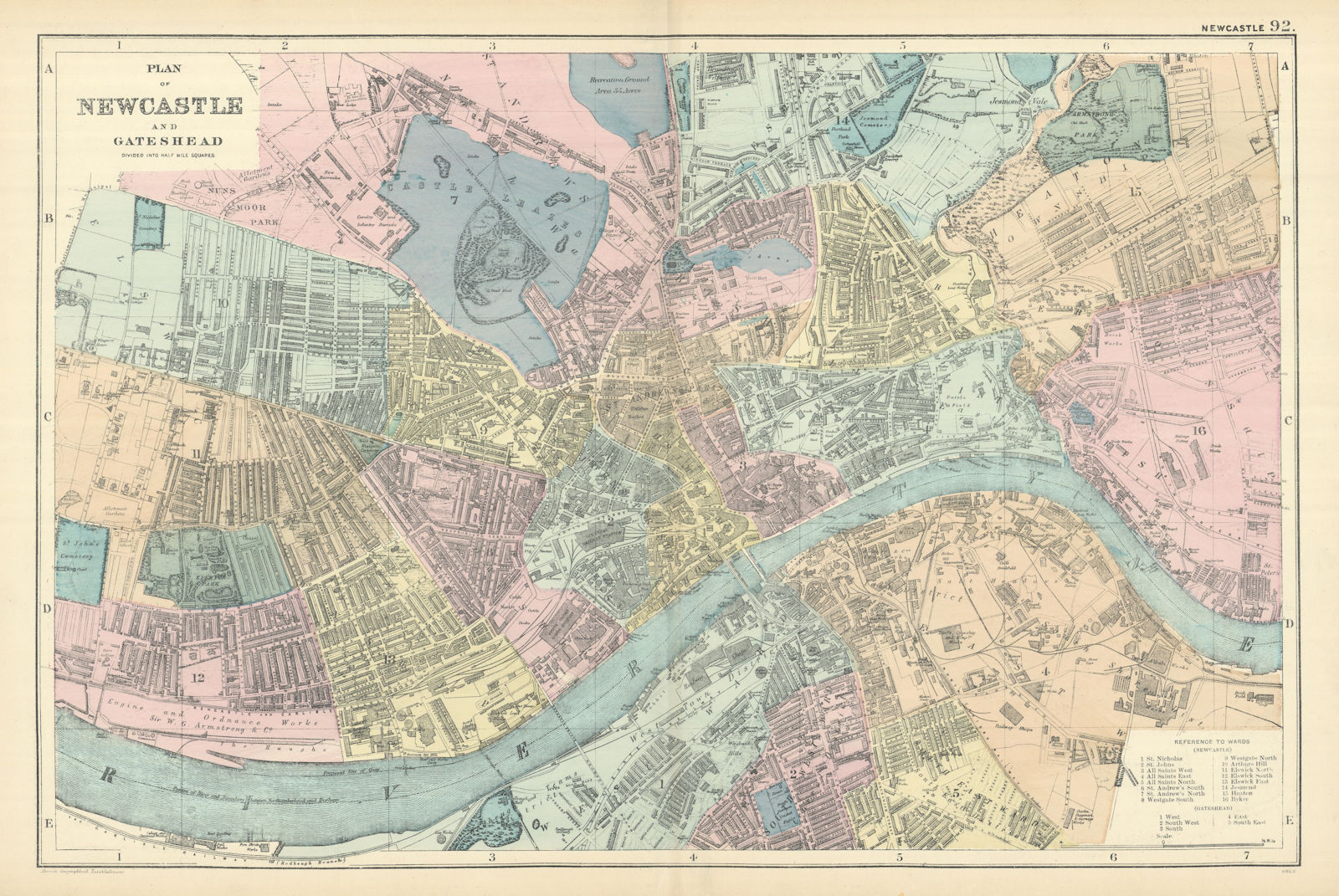 NEWCASTLE-UPON-TYNE & Gateshead town city plan GW BACON 1898 old antique map