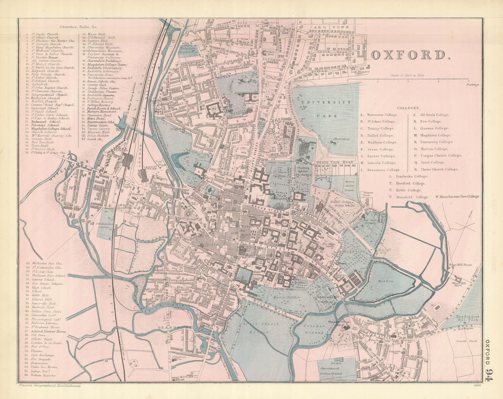 OXFORD antique town city plan by GW BACON University Colleges 1898 old map