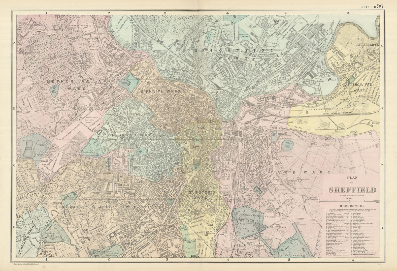 SHEFFIELD town city plan Attercliffe Ecclesall Brightside Hallam. BACON 1898 map