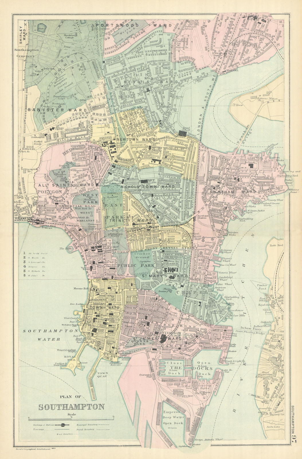 SOUTHAMPTON Bargate Bevois Portswood antique town city plan by GW BACON 1898 map