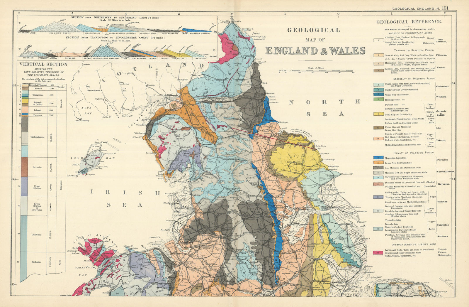 GEOLOGICAL ENGLAND & WALES (North sheet) antique map by GW BACON 1898 old