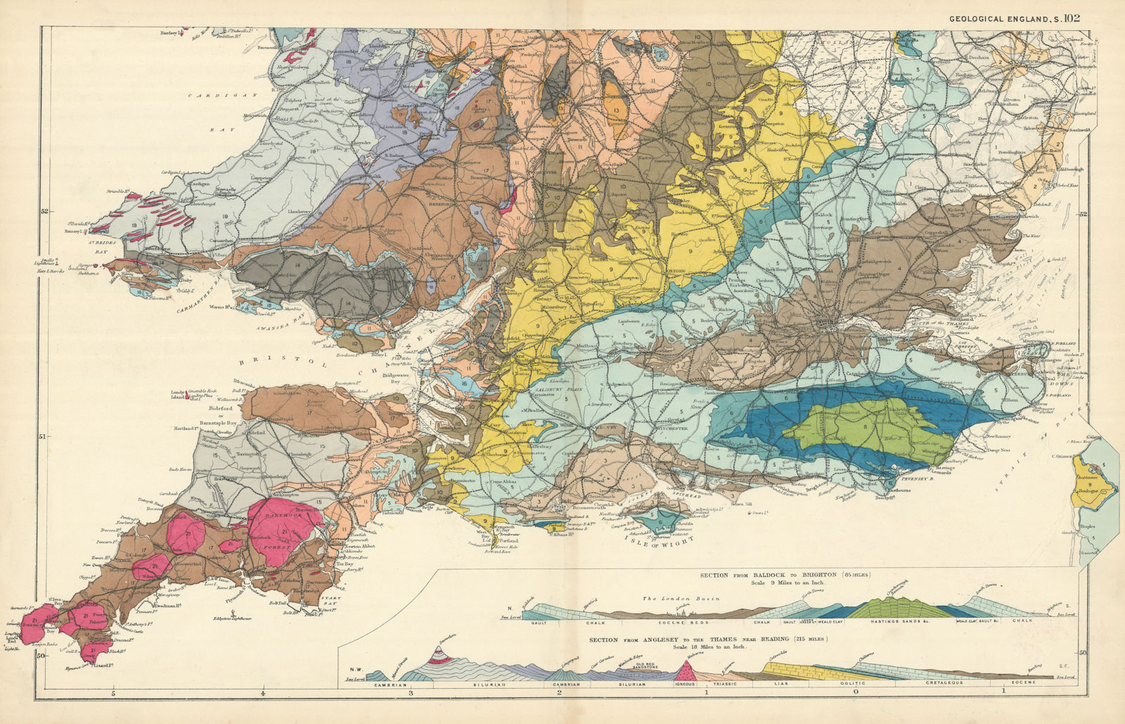 GEOLOGICAL ENGLAND & WALES (South sheet) antique map by GW BACON 1898 old