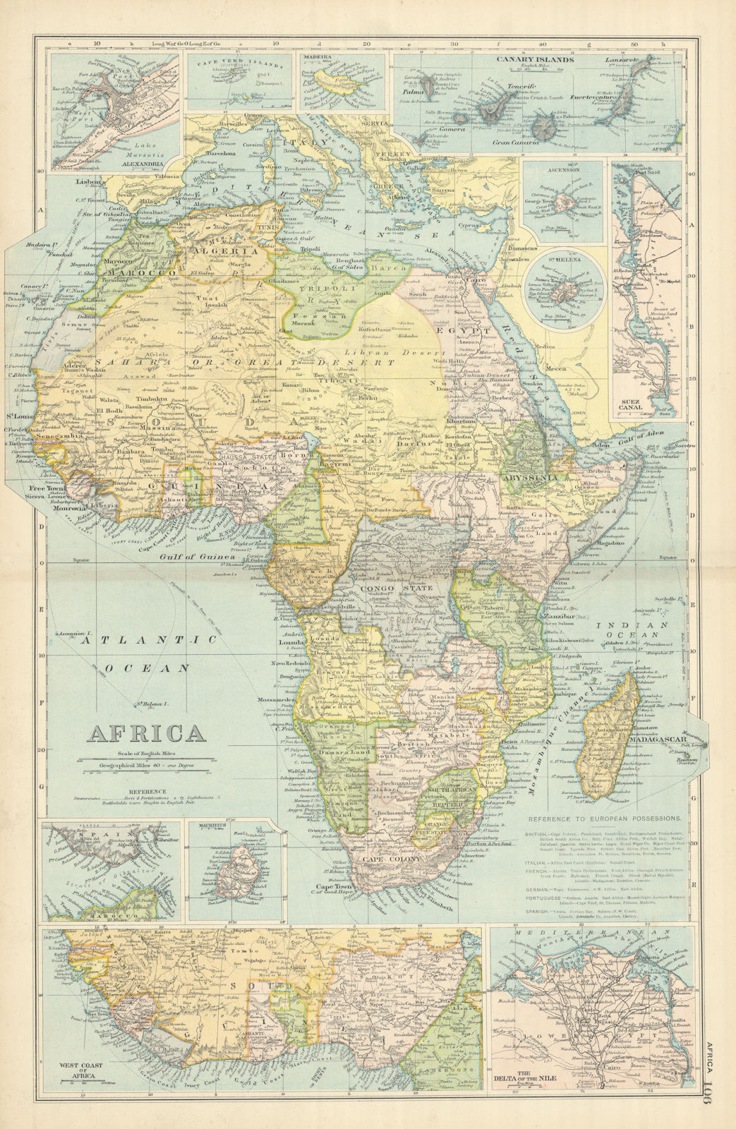 AFRICA French Congo State Soudan Nile Delta Suez canal by GW BACON 1898 map