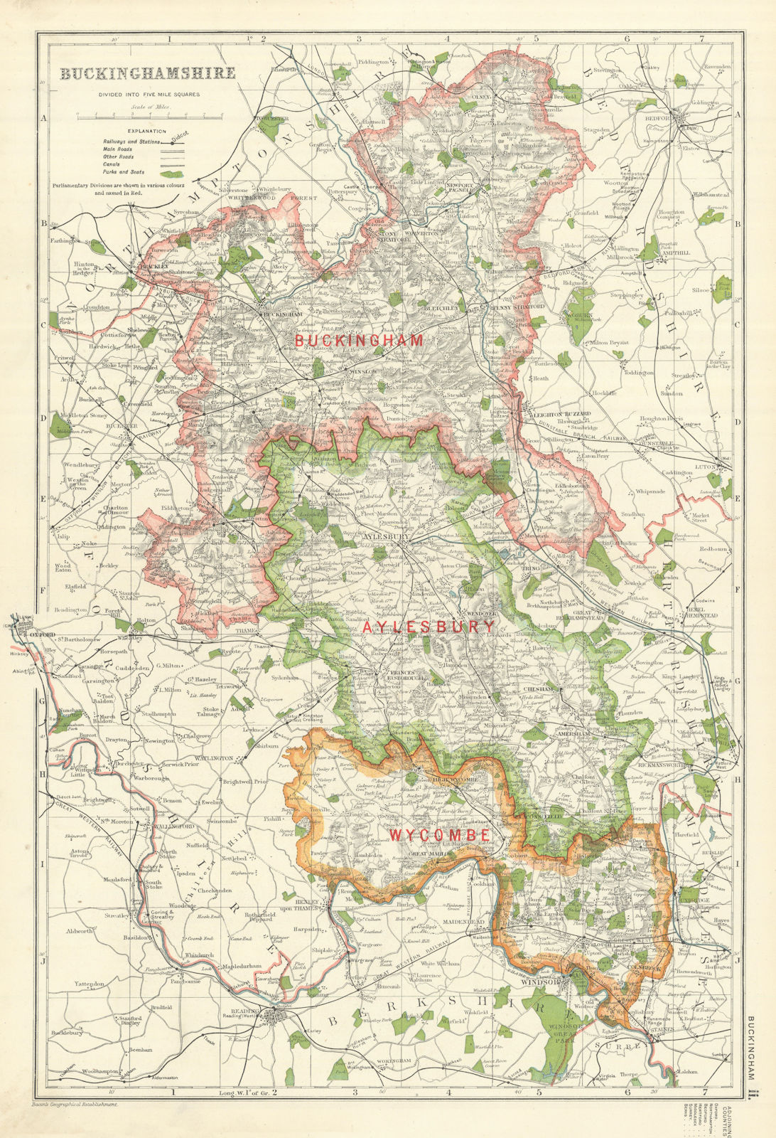 BUCKINGHAMSHIRE. Showing Parliamentary divisions,boroughs & parks.BACON 1919 map