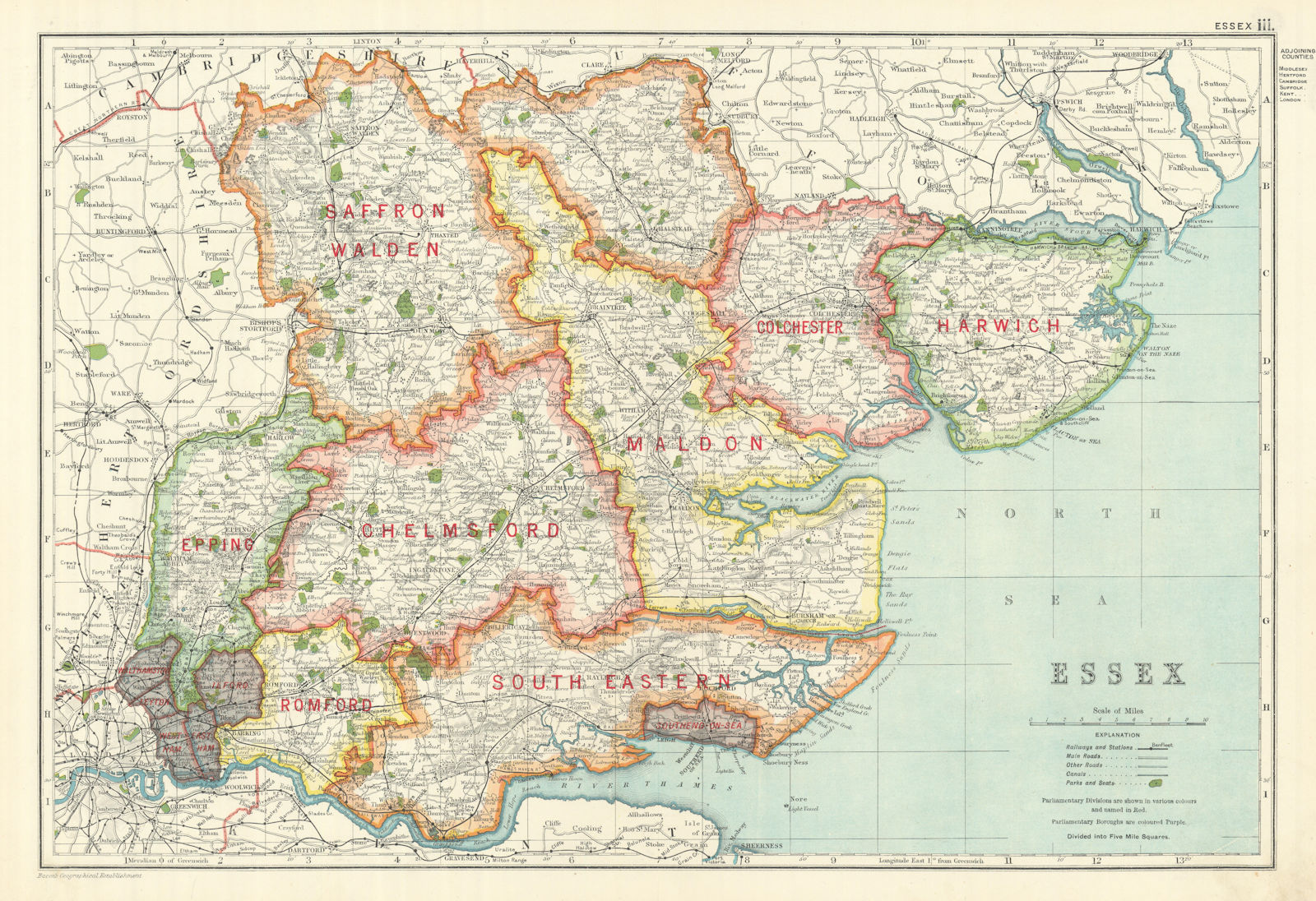 Associate Product ESSEX. Showing Parliamentary divisions, boroughs & parks. BACON 1919 old map