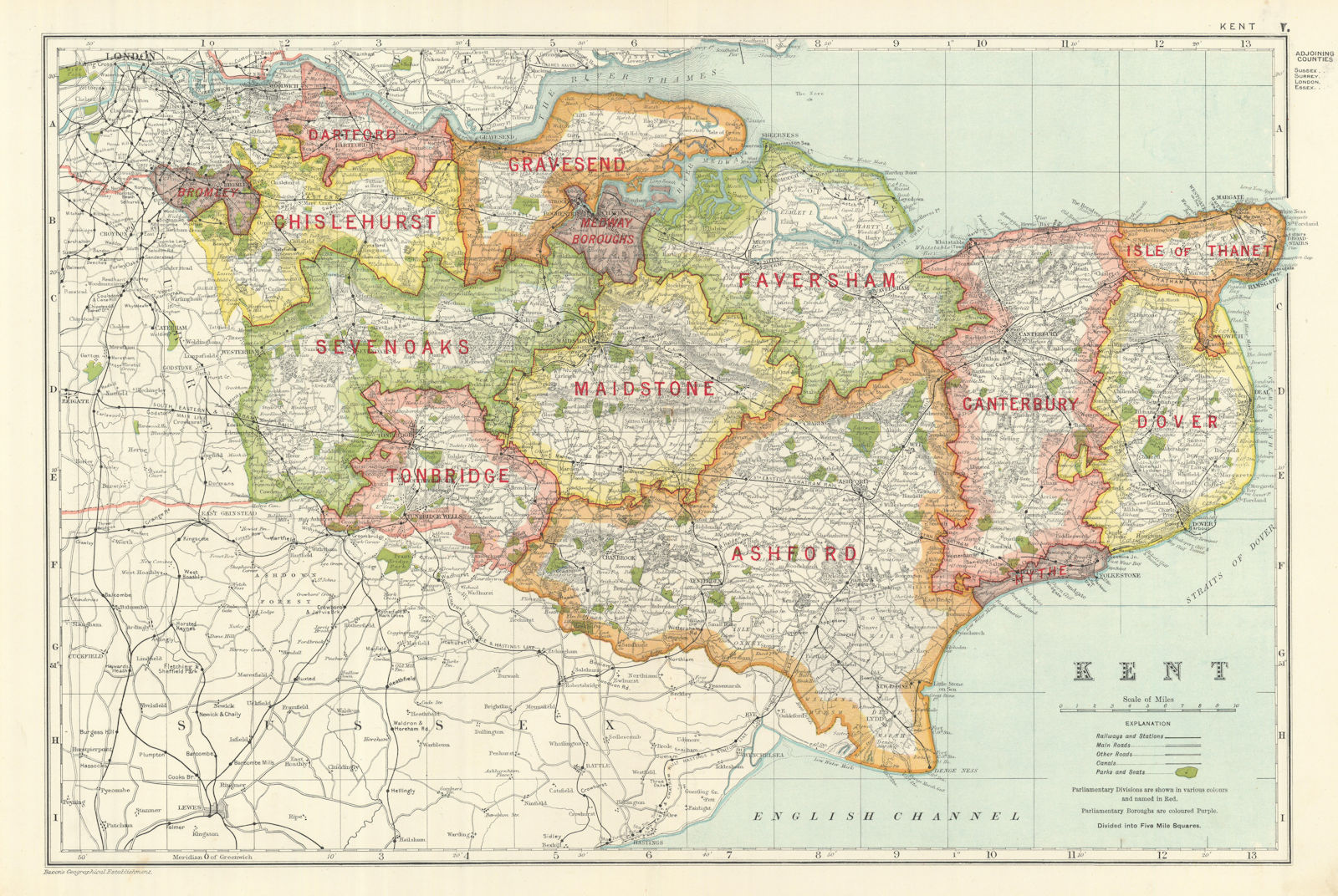 Associate Product KENT. Showing Parliamentary divisions, boroughs & parks. BACON 1919 old map