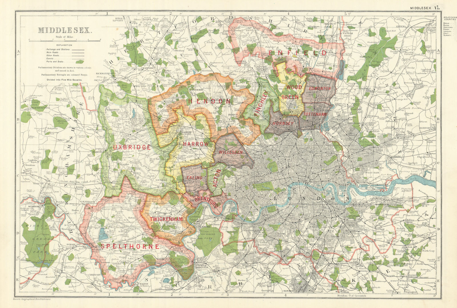 MIDDLESEX showing Parliamentary divisions,boroughs & parks.London.BACON 1919 map