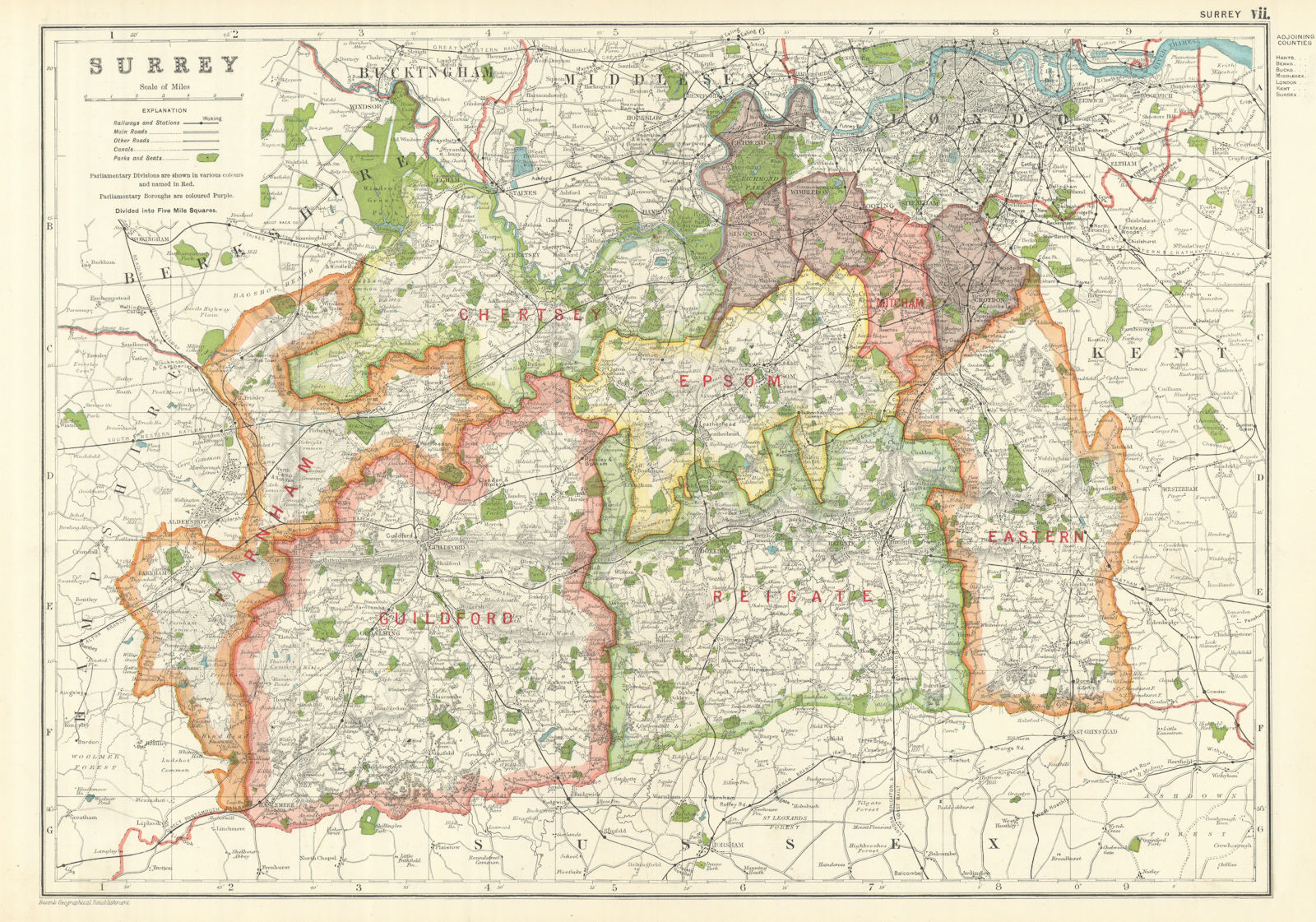 SURREY. Showing Parliamentary divisions, boroughs & parks. BACON 1919 old map