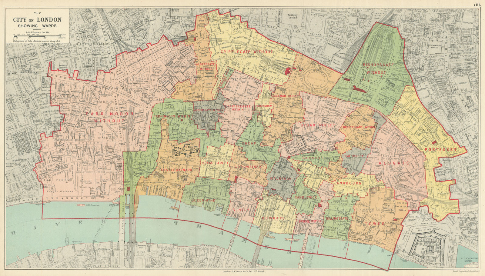 CITY OF LONDON showing WARDS. Churches & public buildings plans. BACON 1919 map