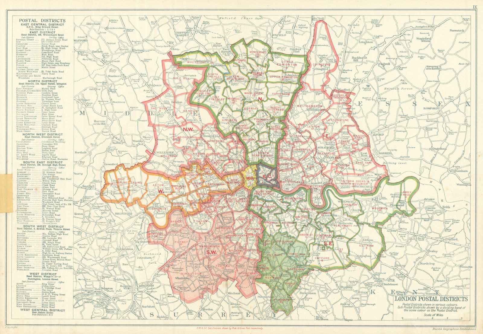 LONDON POSTAL DISTRICTS. Post code areas. N NW W SW SE E. BACON 1919 old map