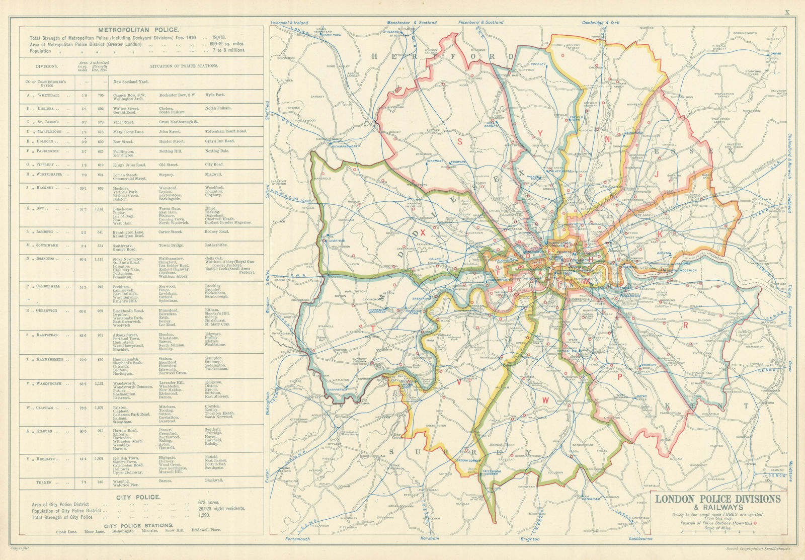 Associate Product LONDON POLICE DIVISIONS & RAILWAYS showing Police stations. BACON 1919 old map