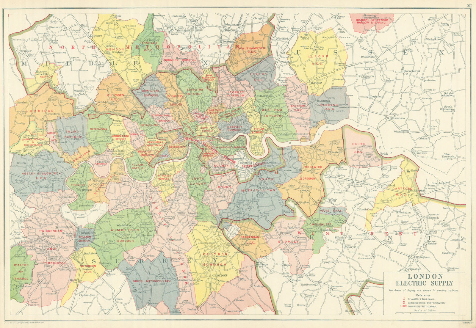 LONDON ELECTRICITY SUPPLY areas. Corporation. Metropolitan. BACON 1919 old map