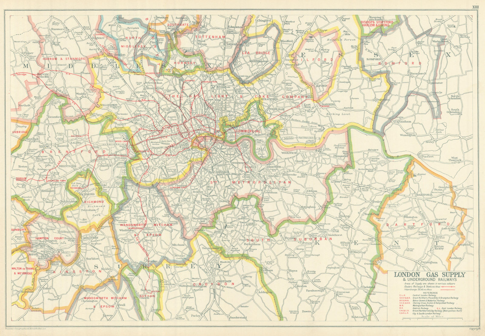 LONDON GAS SUPPLY areas + UNDERGROUND/Tube & electrified railways.BACON 1919 map