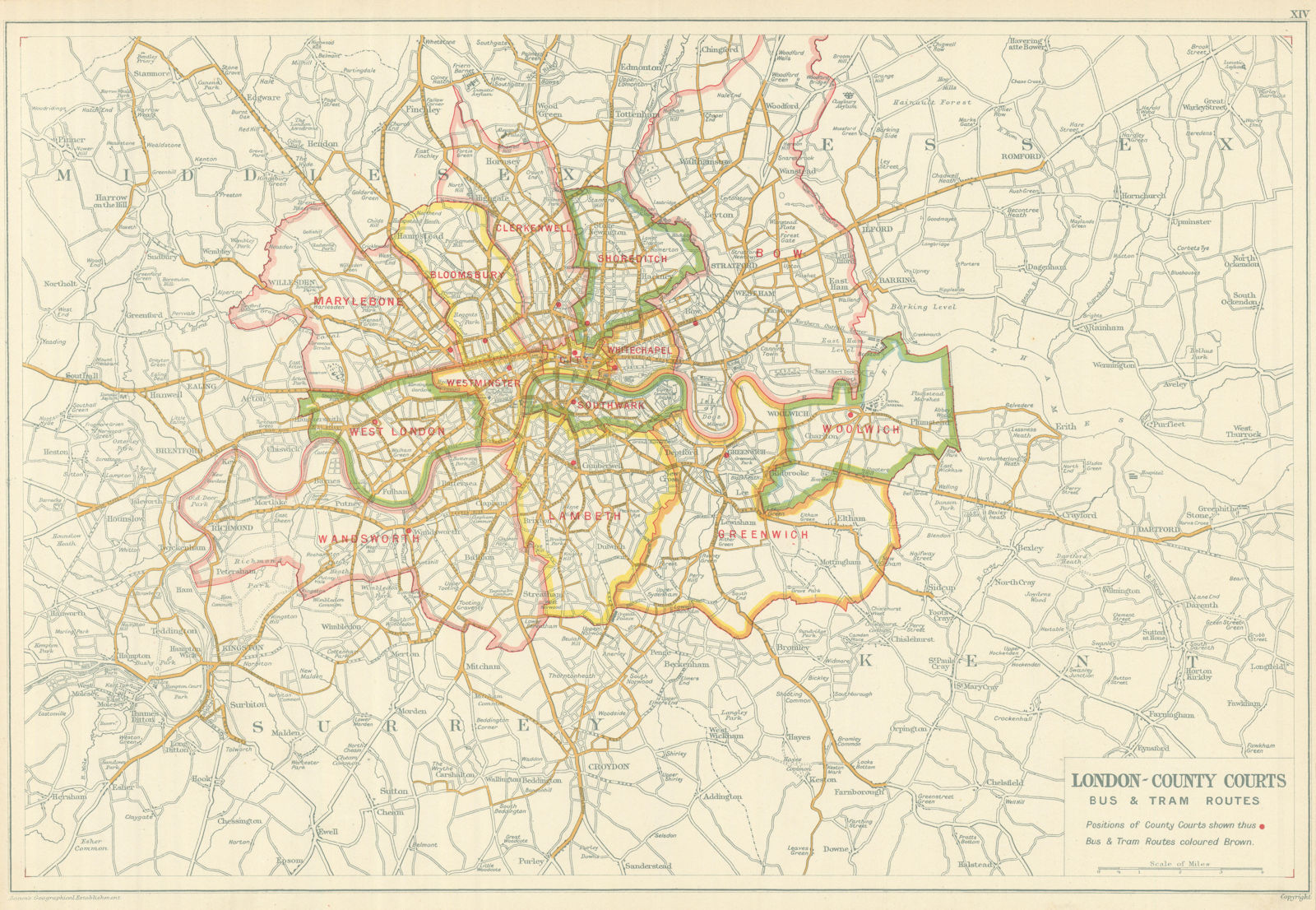 LONDON COUNTY COURTS + BUS & TRAM ROUTES. Vintage map. BACON 1919 old