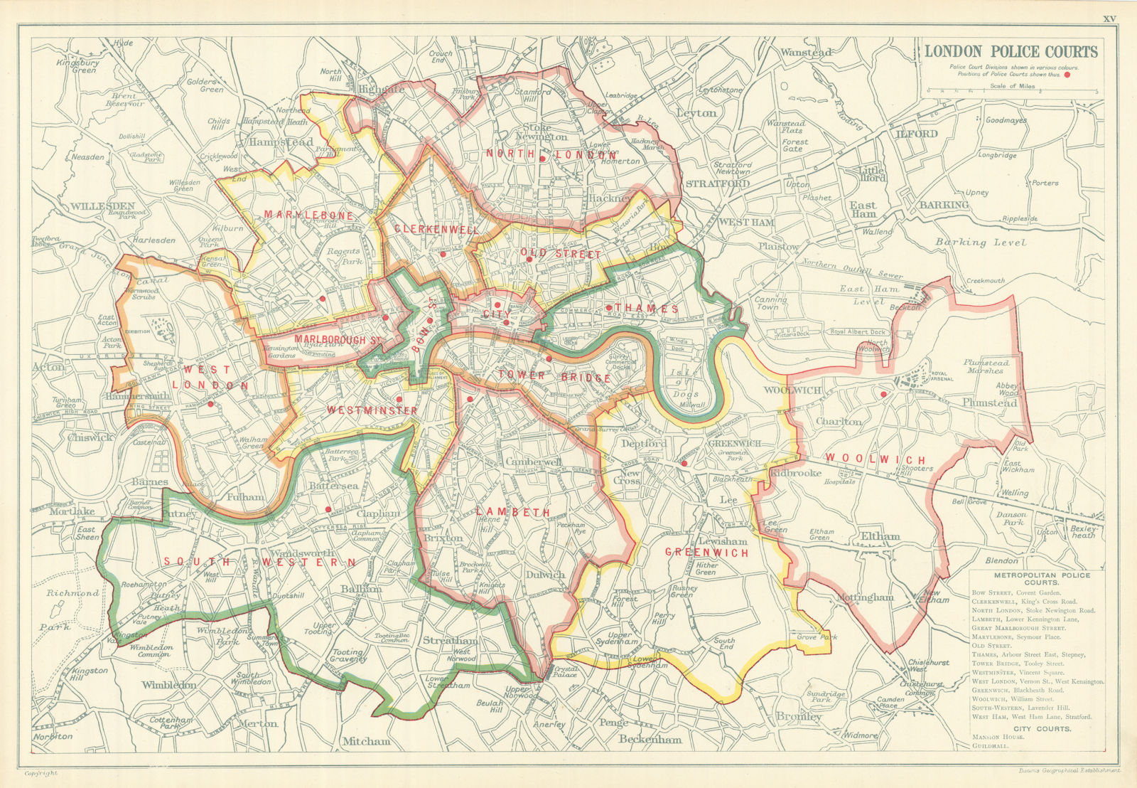 LONDON POLICE COURTS. Showing divisions & court locations. BACON 1919 old map
