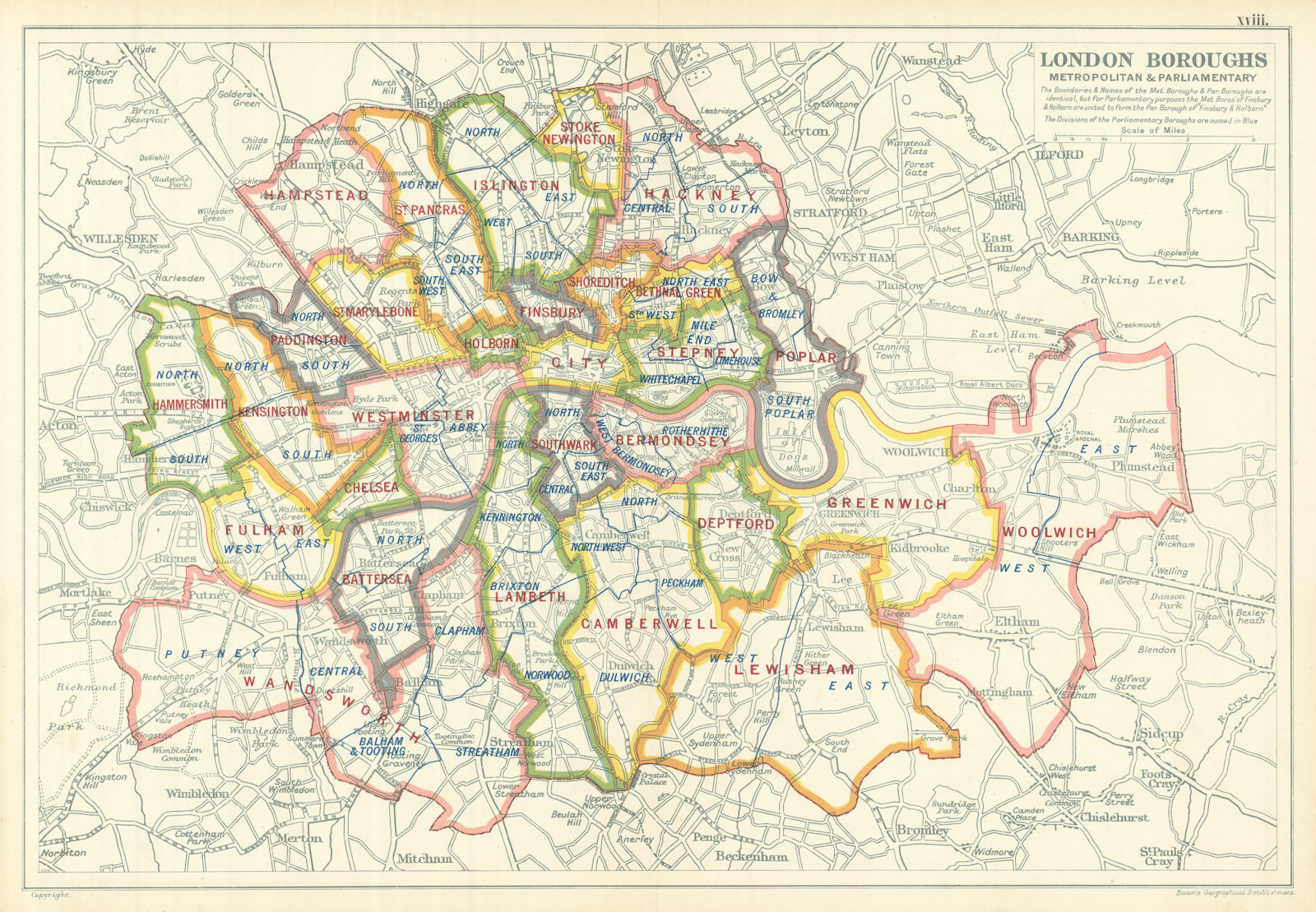 LONDON BOROUGHS. Metropolitan & Parliamentary. Constituencies. BACON 1919 map