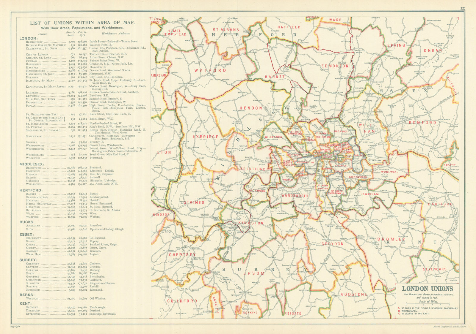 Associate Product LONDON POOR LAW UNIONS. Workhouses. Populations. BACON 1919 old antique map