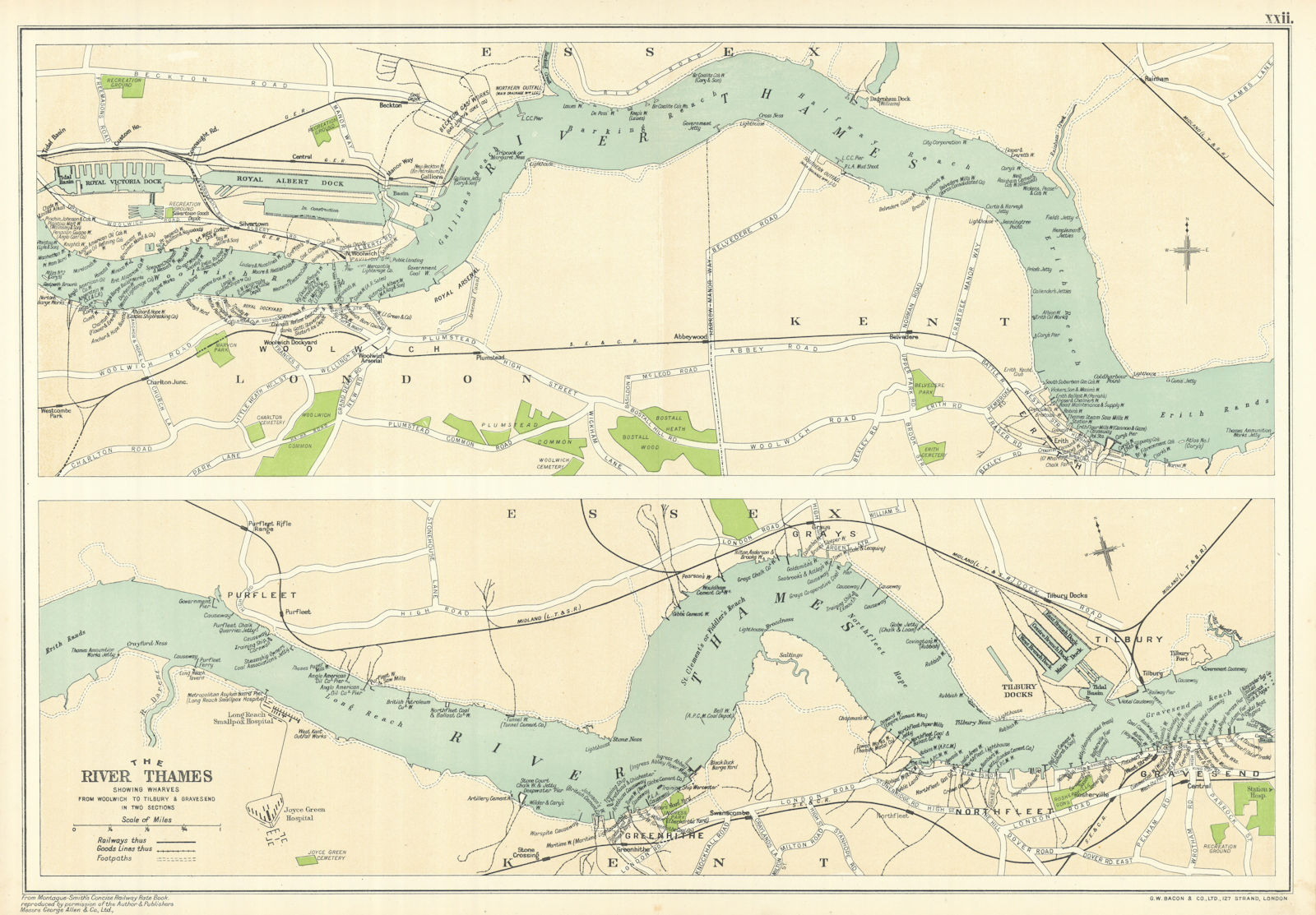 PORT OF LONDON. Wharves/docks. Thames Woolwich-Tilbury/Gravesend. BACON 1919 map