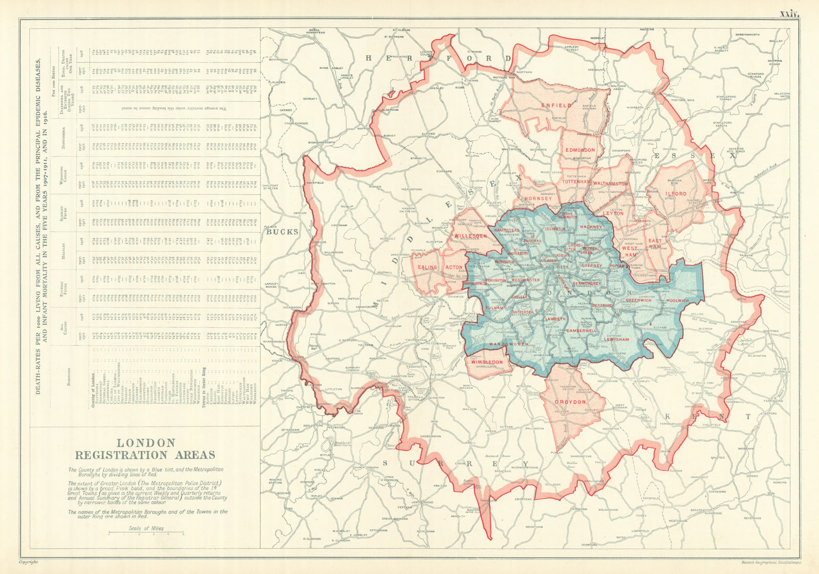 LONDON POPULATION, BIRTHS & DEATHS for 1926. County of London. BACON 1919 map