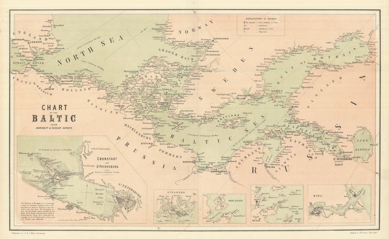 Chart of the Baltic from Admiralty & Russian Surveys 1854 old antique map