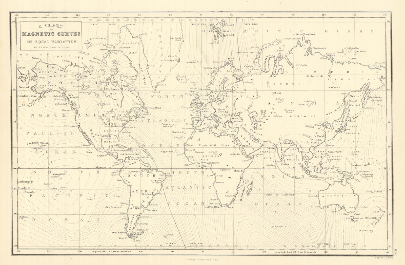 Associate Product A chart of magnetic curves of equal variation. World. GEORGE AIKMAN 1854 map
