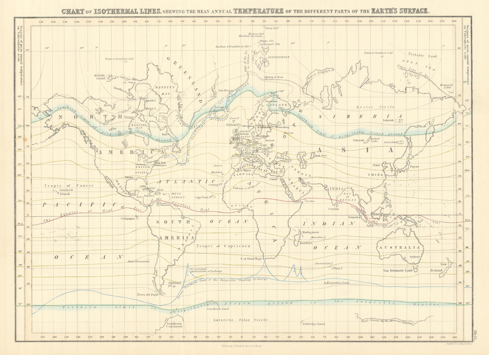 Associate Product World chart of isothermal lines. Mean annual temperature. GEORGE AIKMAN 1854 map