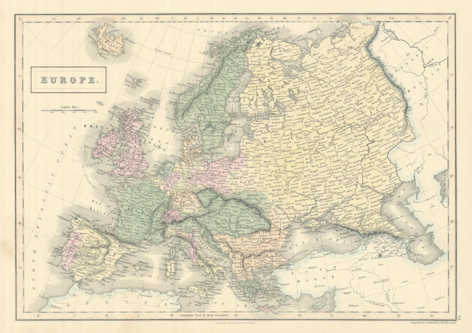 Europe by SIDNEY HALL. Prussia Austria Turkey in Europe &c 1854 old map