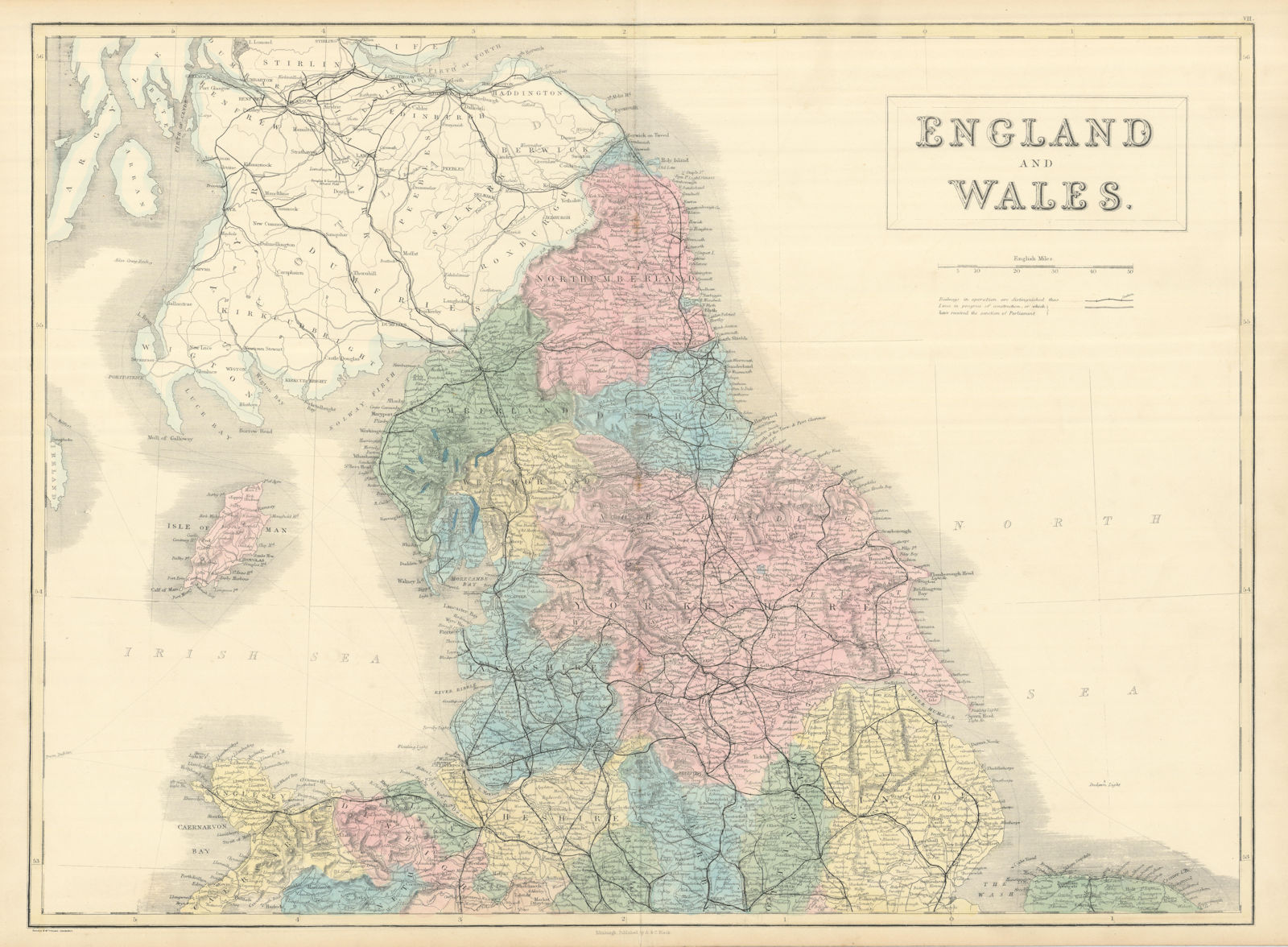Associate Product England and Wales. North sheet. Railways. SIDNEY HALL 1854 old antique map