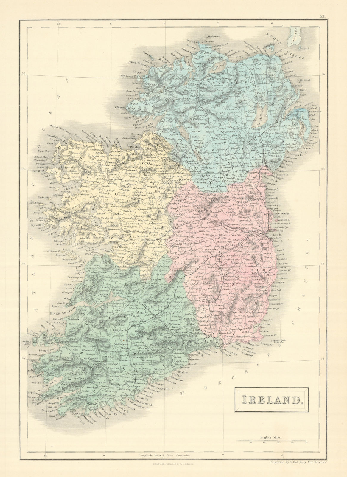 Ireland showing provinces & railways by SIDNEY HALL 1854 old antique map chart