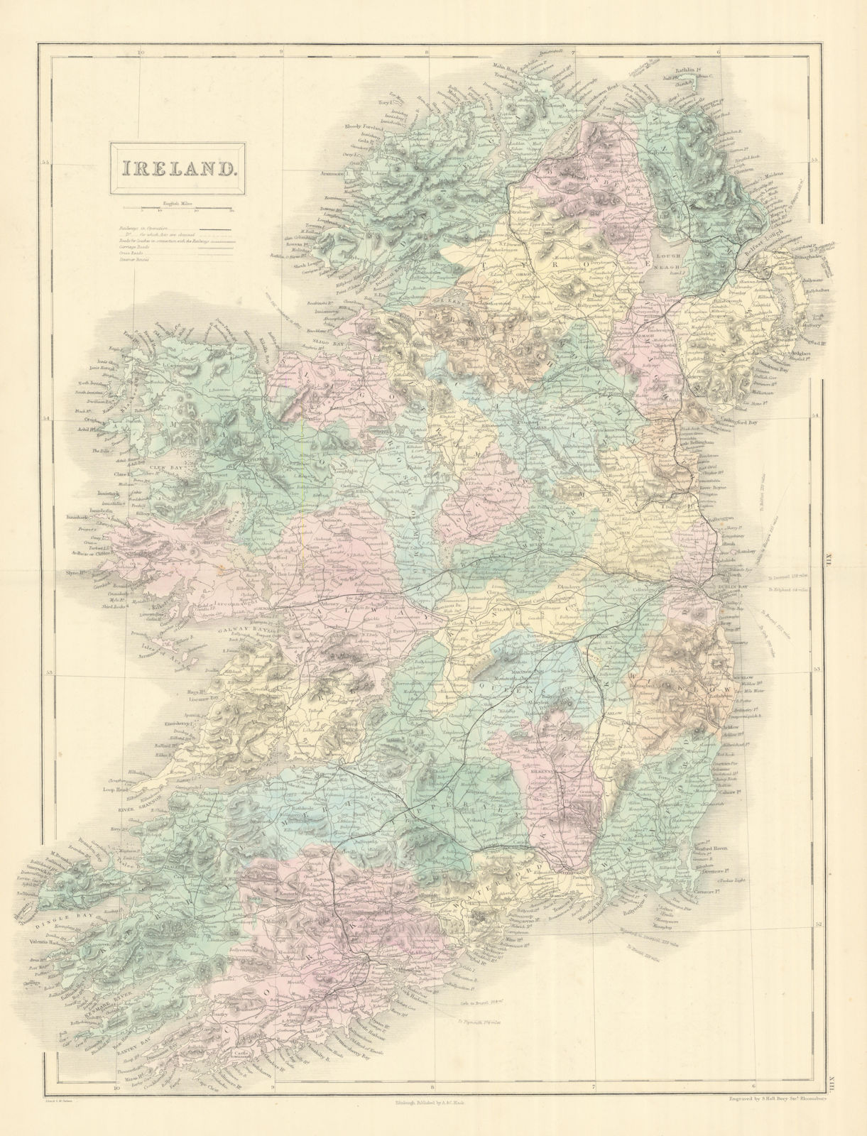 Ireland showing counties & railways by SIDNEY HALL 1854 old antique map chart